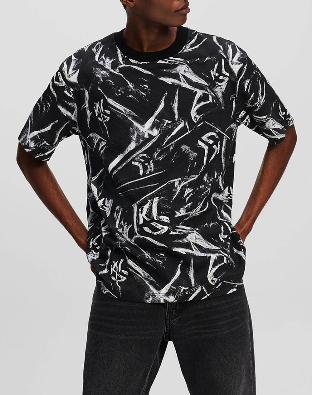 Karl Lagerfeld Klj Relaxed Ss Aop Tee Men Clothes T Shirts & Sweatshirts T Shirts Black Cotton A1M17050 1Jp Male T-Shirts Black