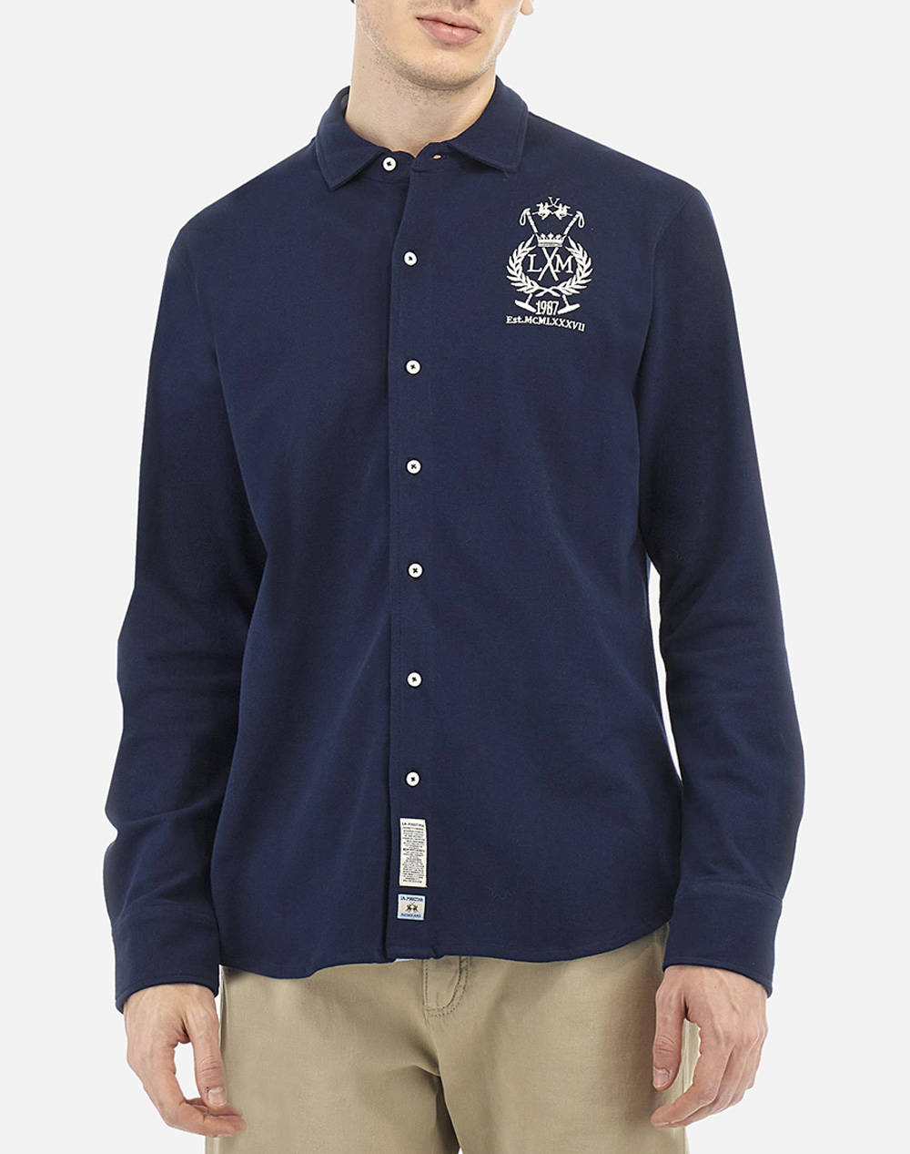 La Martina Shirt Ls Man Shirt Piquet Men Clothes Shirts Navyblue Cotton,Fabric 3Lmmac005 07017 Male Shirts Blue