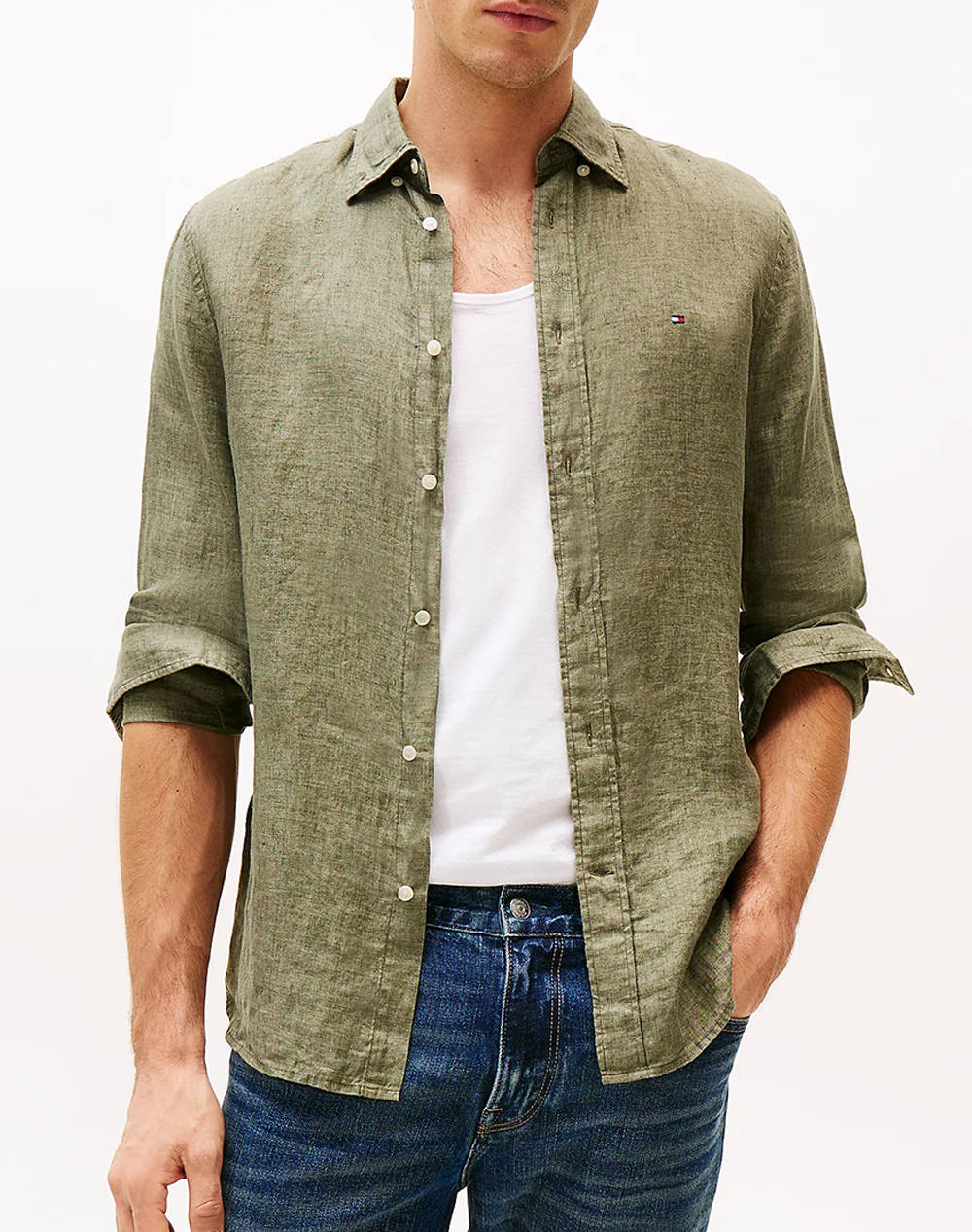 Tommy Hilfiger Pigment Dyed Li Solid Rf Shirt Men Clothes Shirts Olive Linen Mw0Mw34602 Pli Male Shirts