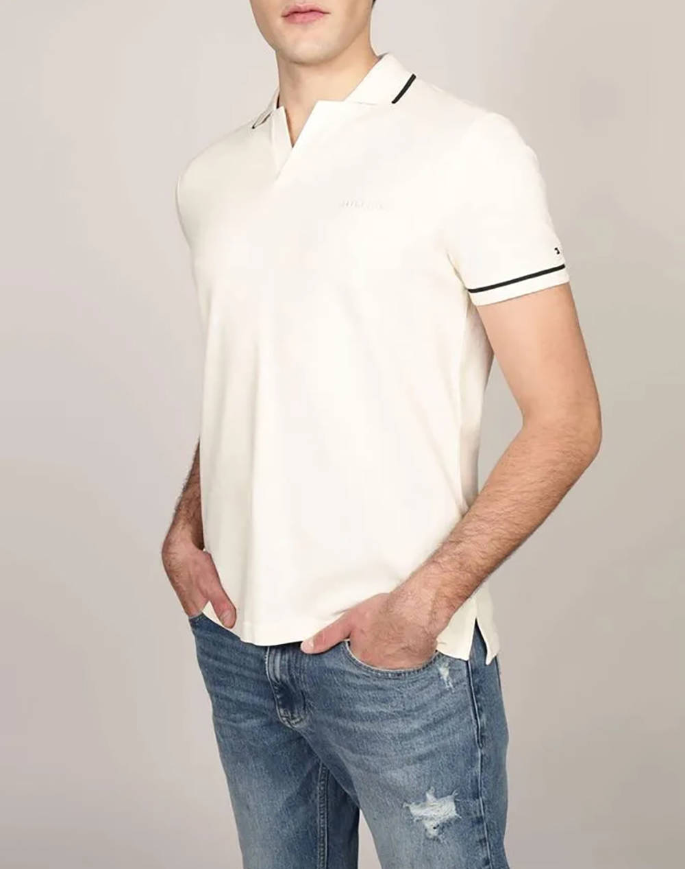 Tommy Hilfiger Open Collar Tipped Polo Men Clothes T Shirts & Sweatshirts Polo Ivory Cotton,Elastic Mw0Mw39180 Z00 Male Polo