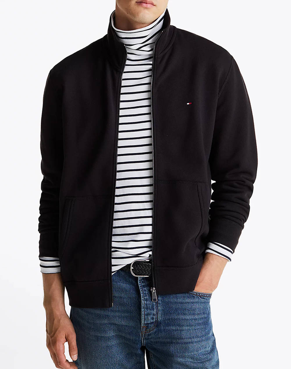Tommy Hilfiger Essential Fleece Zt Stand Collar Men Clothes Jackets Zip Through Hoodies Black Cotton,Synthetic Mw0Mw38083 Bds Male Zip Through Hoodies