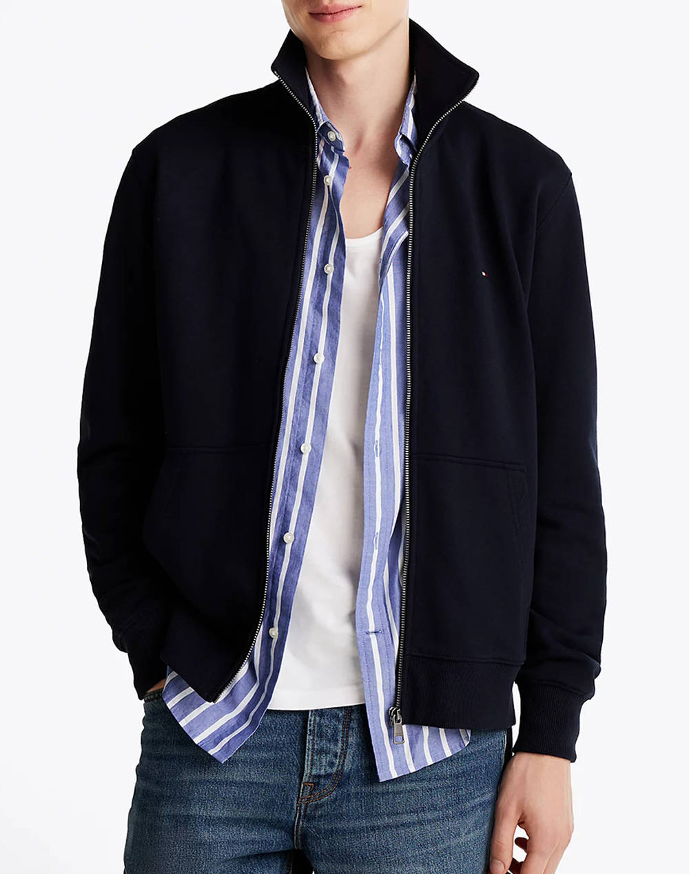 Tommy Hilfiger Essential Terry Zt Stand Collar Men Clothes Jackets Zip Through Hoodies Darkblue Cotton Mw0Mw38084 Dw5 Male Zip Through Hoodies Blue
