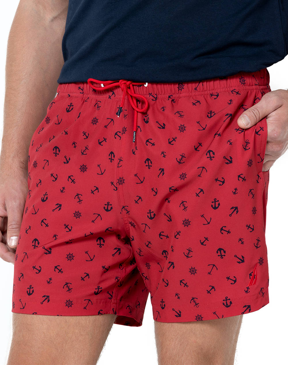 Nautica Swimwear 6 Full Elastic With Liner Anchor Print Men Clothes Swimwear Shorts Red Elastic,Synthetic 3Nct48101 6Nr Male Shorts