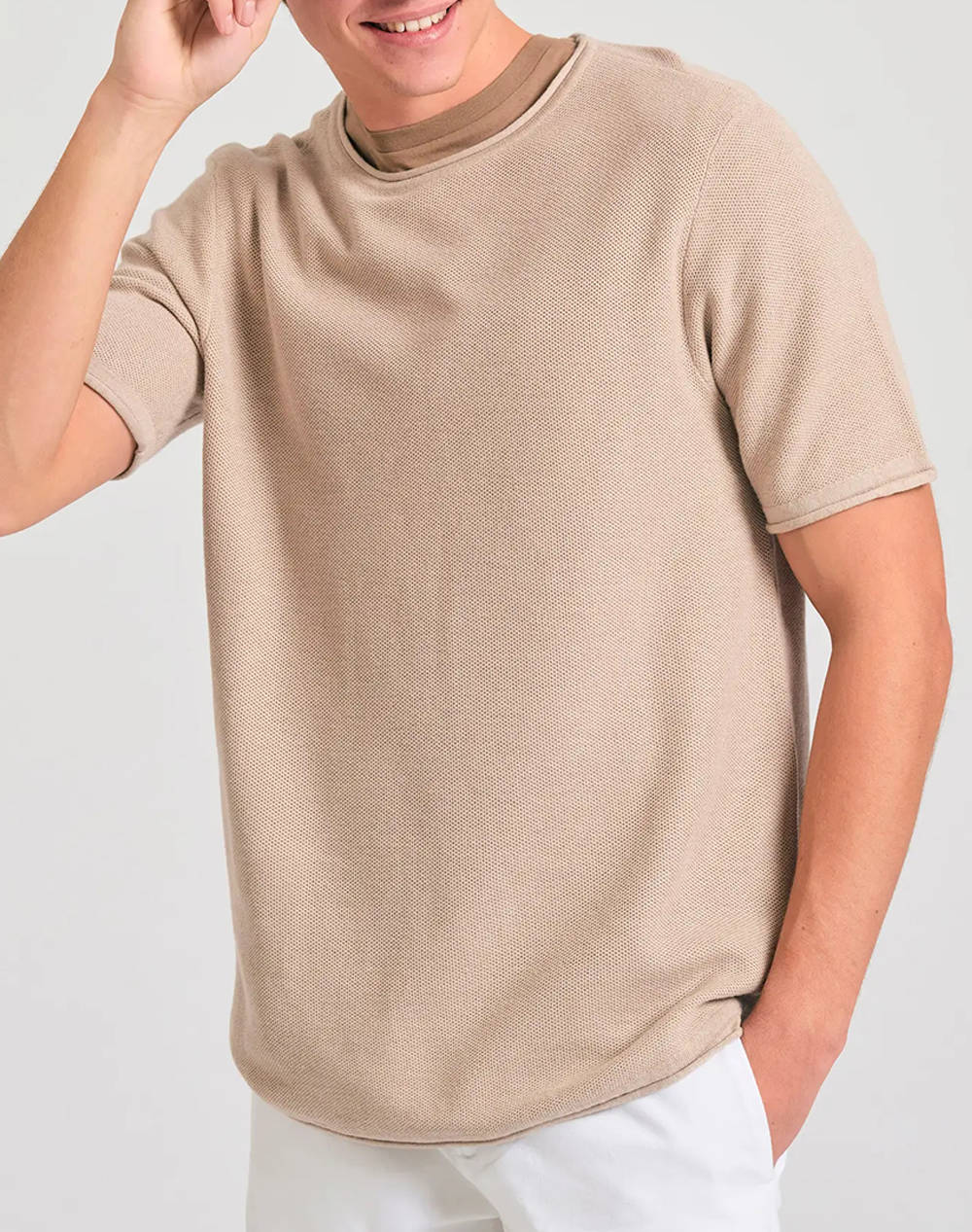 Funky Buddha Men''S Knitwear With Neckline Men Clothes T Shirts & Sweatshirts T Shirts Biege Cotton,Elastic,Synthetic Fbm011 012 09 Stone Mel Male T-