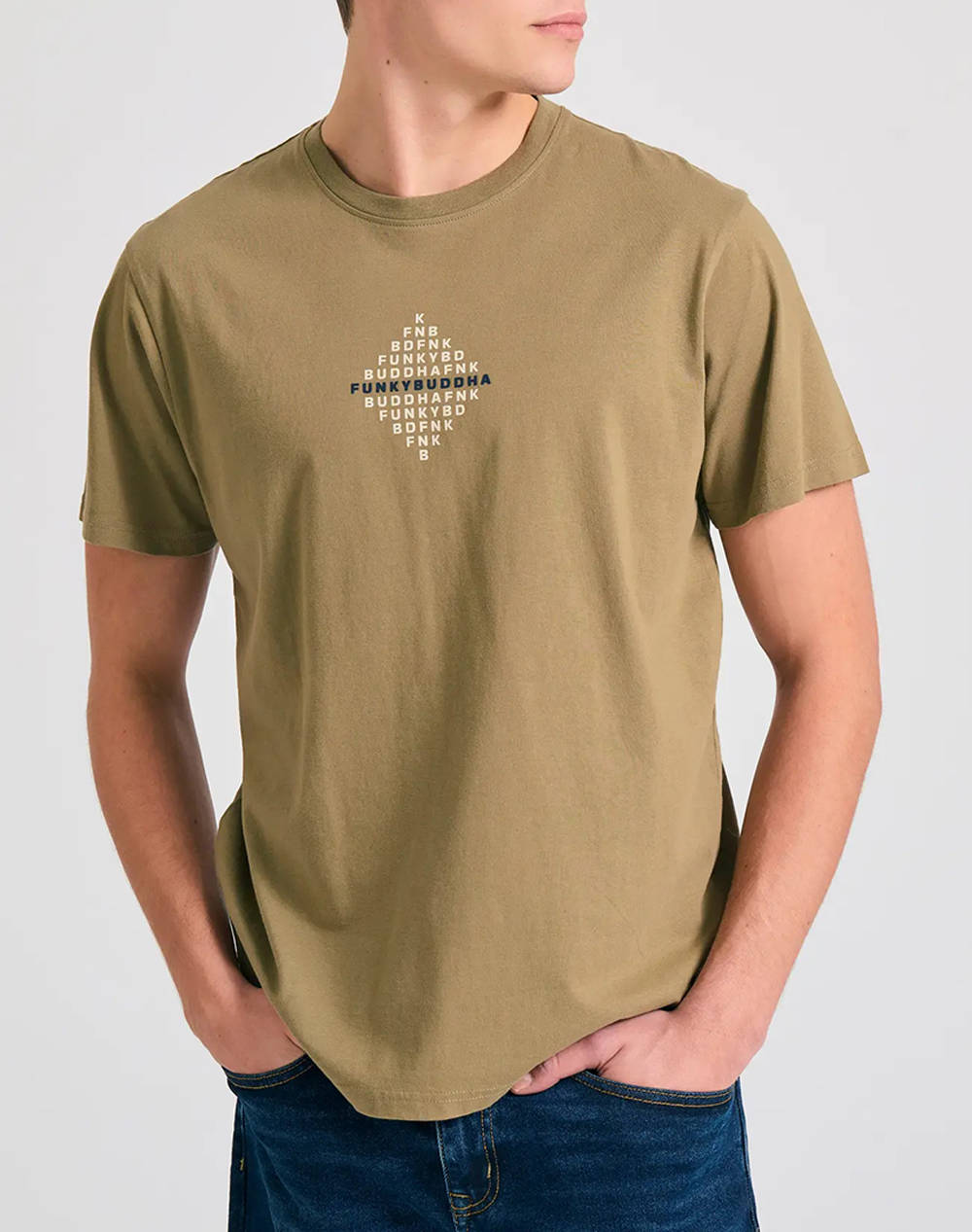 Funky Budha Men''S Short Sleeve T Shirt With Print Men Clothes T Shirts & Sweatshirts T Shirts Khaki Cotton Fbm011 048 04 Oregano Male T-Shirts Khaki
