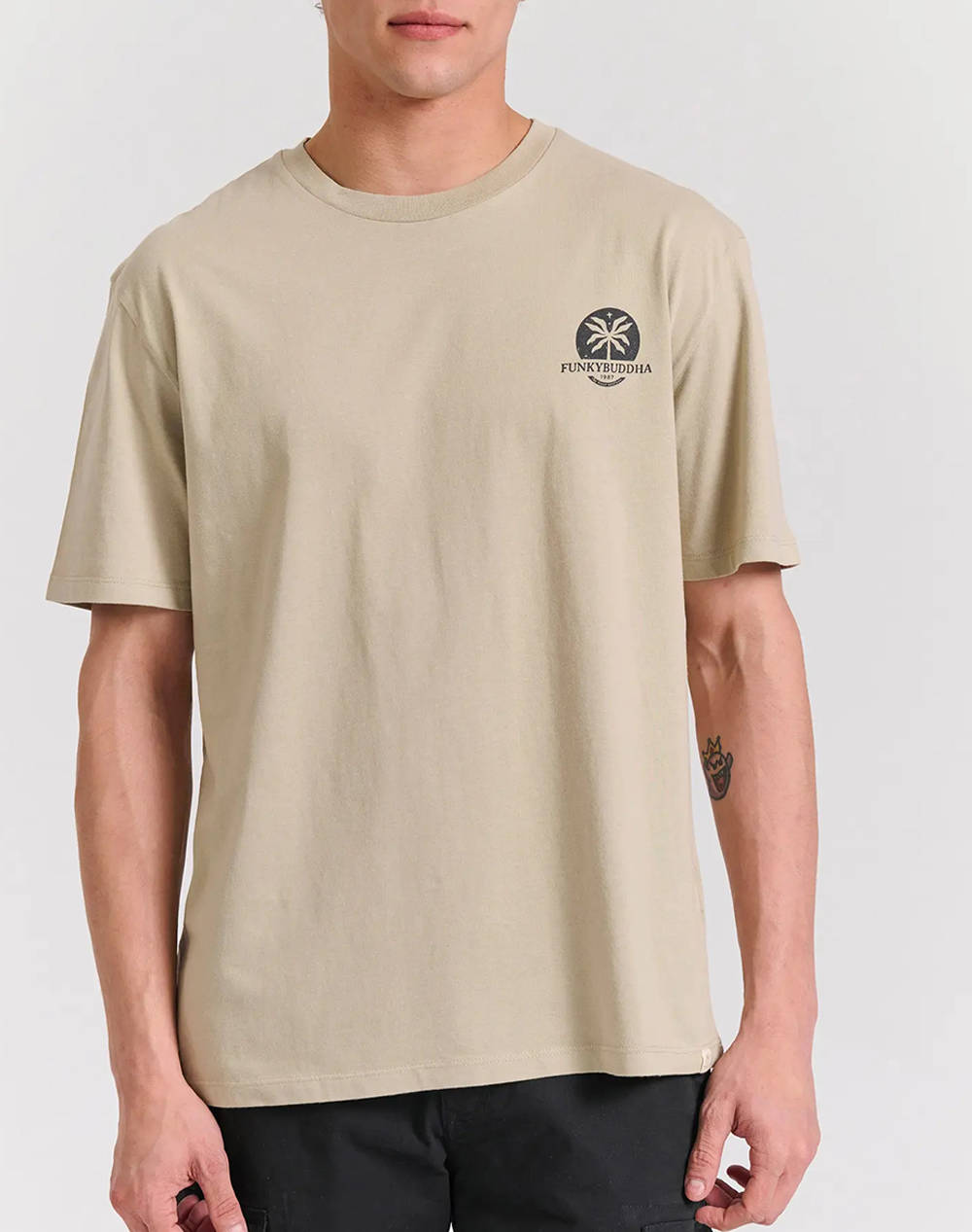 Funky Buddha Men''S Short Sleeve T Shirt With Print Men Clothes T Shirts & Sweatshirts T Shirts Biege Cotton Fbm011 091 04 Stone Male T-Shirts Biege