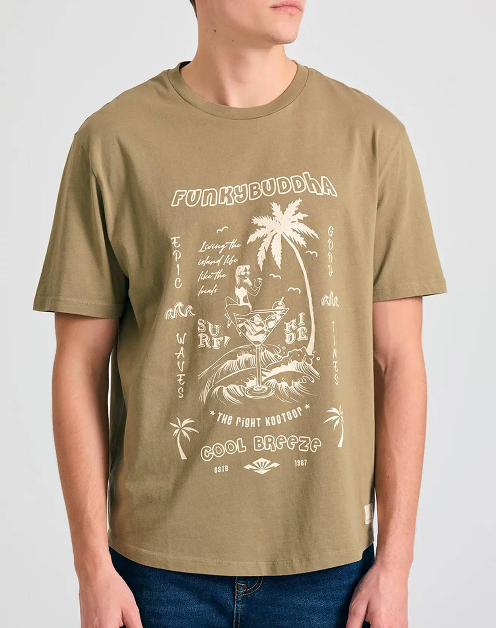 Funky Buddha Men''S Short Sleeve T Shirt With Print Men Clothes T Shirts & Sweatshirts T Shirts Khaki Cotton Fbm011 098 04 Oregano Male T-Shirts Khaki