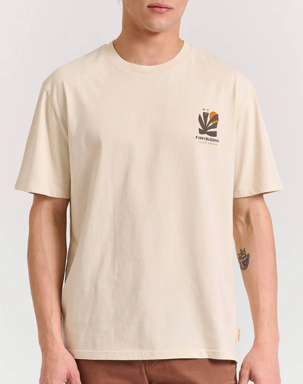 Funky Budha Men''S Short Sleeve T Shirt With Print Men Clothes T Shirts & Sweatshirts T Shirts Biege Cotton Fbm011 087 04 Chalk Male T-Shirts Biege