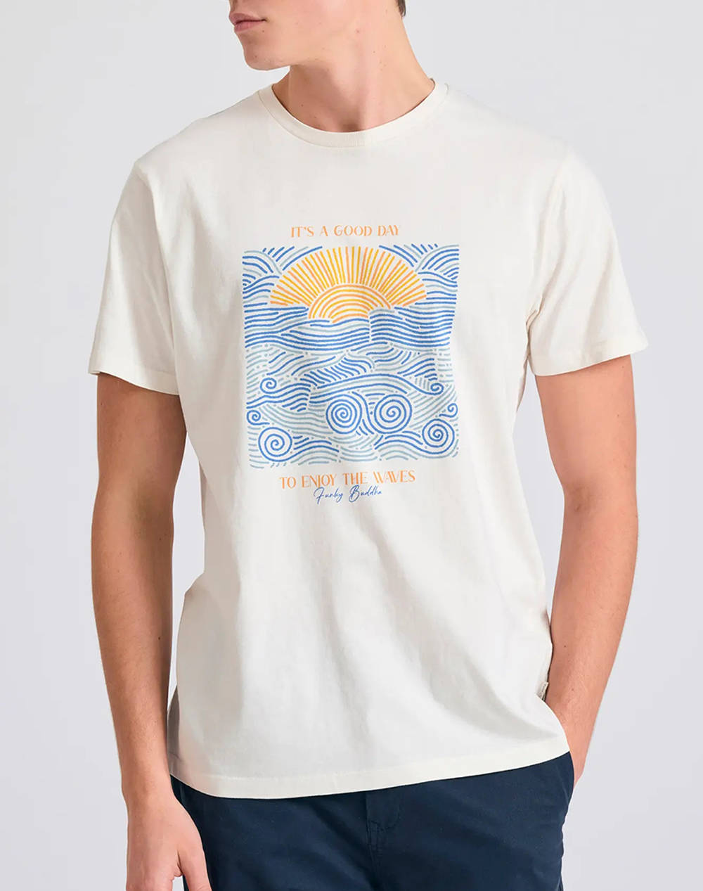 Funky Budha Men''S Short Sleeve T Shirt With Print Men Clothes T Shirts & Sweatshirts T Shirts Offwhite Cotton Fbm011 094 04 Off White Male T-Shirts