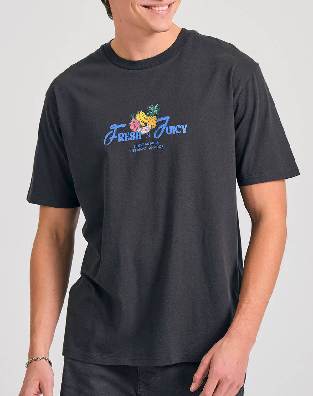 Funky Buddha Men''S Short Sleeve T Shirt With Print Men Clothes T Shirts & Sweatshirts T Shirts Darkgray Cotton Fbm011 051 04 Anthracite Male T-Shirts