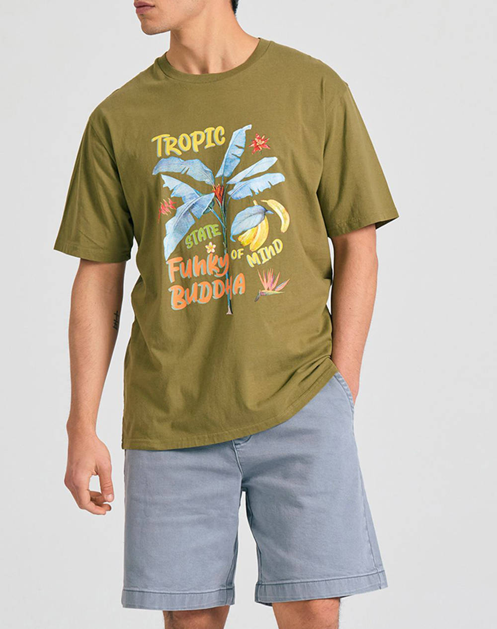 Funky Buddha Men''S Short Sleeve T Shirt With Print Men Clothes T Shirts & Sweatshirts T Shirts Khaki Cotton Fbm011 056 04 Olive Male T-Shirts Khaki