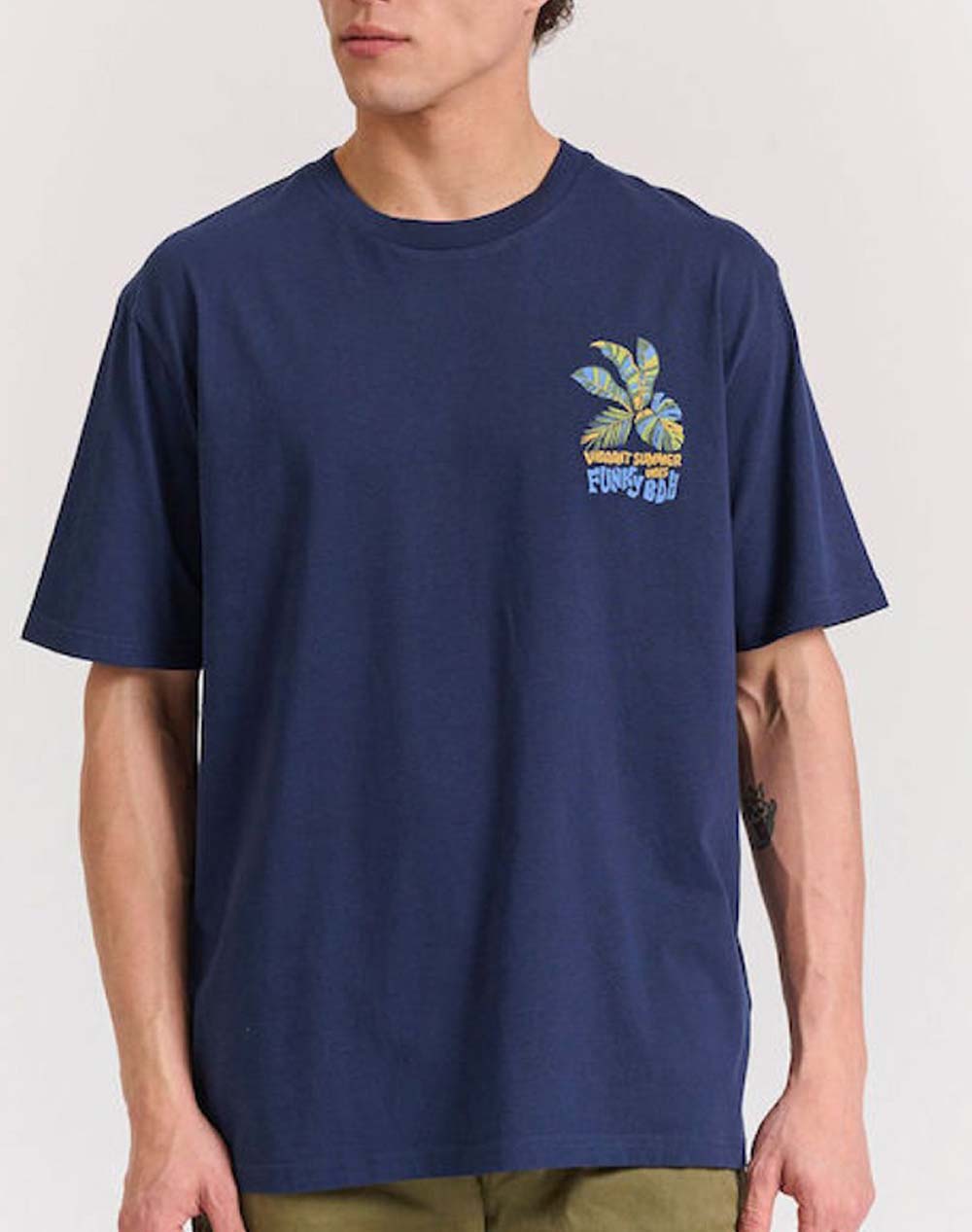 Funky Buddha Men''S Short Sleeve T Shirt With Print Men Clothes T Shirts & Sweatshirts T Shirts Navyblue Cotton Fbm011 055 04 Navy Male T-Shirts Blue