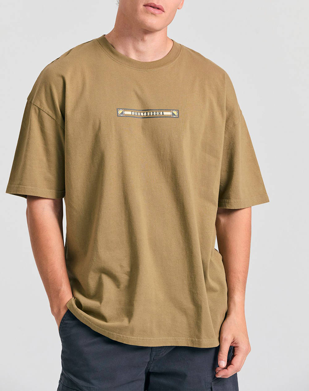 Funky Buddha Men''S Short Sleeve T Shirt With Print Men Clothes T Shirts & Sweatshirts T Shirts Khaki Cotton Fbm011 063 04 Oregano Male T-Shirts Khaki