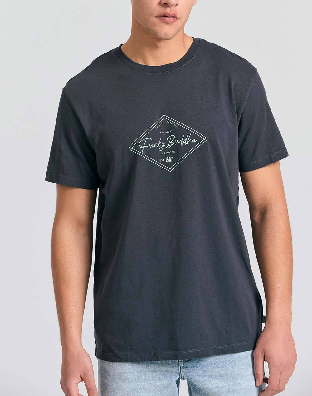 Funky Buddha Men''S Short Sleeve T Shirt With Print Men Clothes T Shirts & Sweatshirts T Shirts Darkslategrey Cotton Fbm011 021 04 Anthracite Male T-