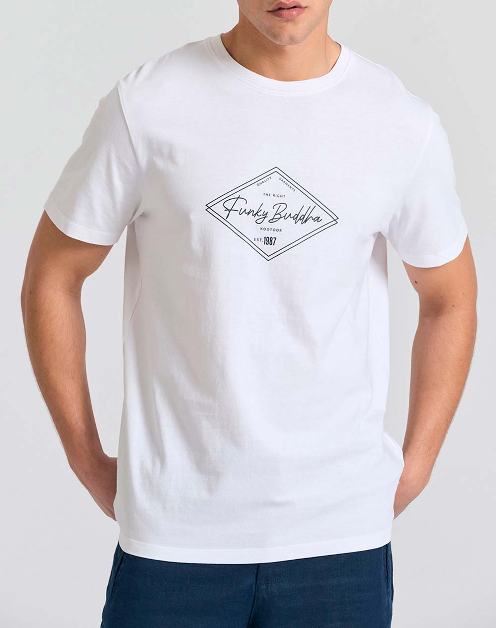 Funky Buddha Men''S Short Sleeve T Shirt With Print Men Clothes T Shirts & Sweatshirts T Shirts White Cotton Fbm011 021 04 White Male T-Shirts