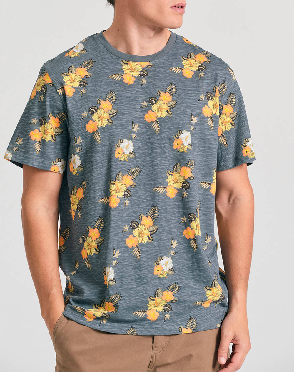 Funky Buddha Men''S Short Sleeve T Shirt With Print Men Clothes T Shirts & Sweatshirts T Shirts Lightgray Cotton Fbm011 336 04 Steel Grey Male T-