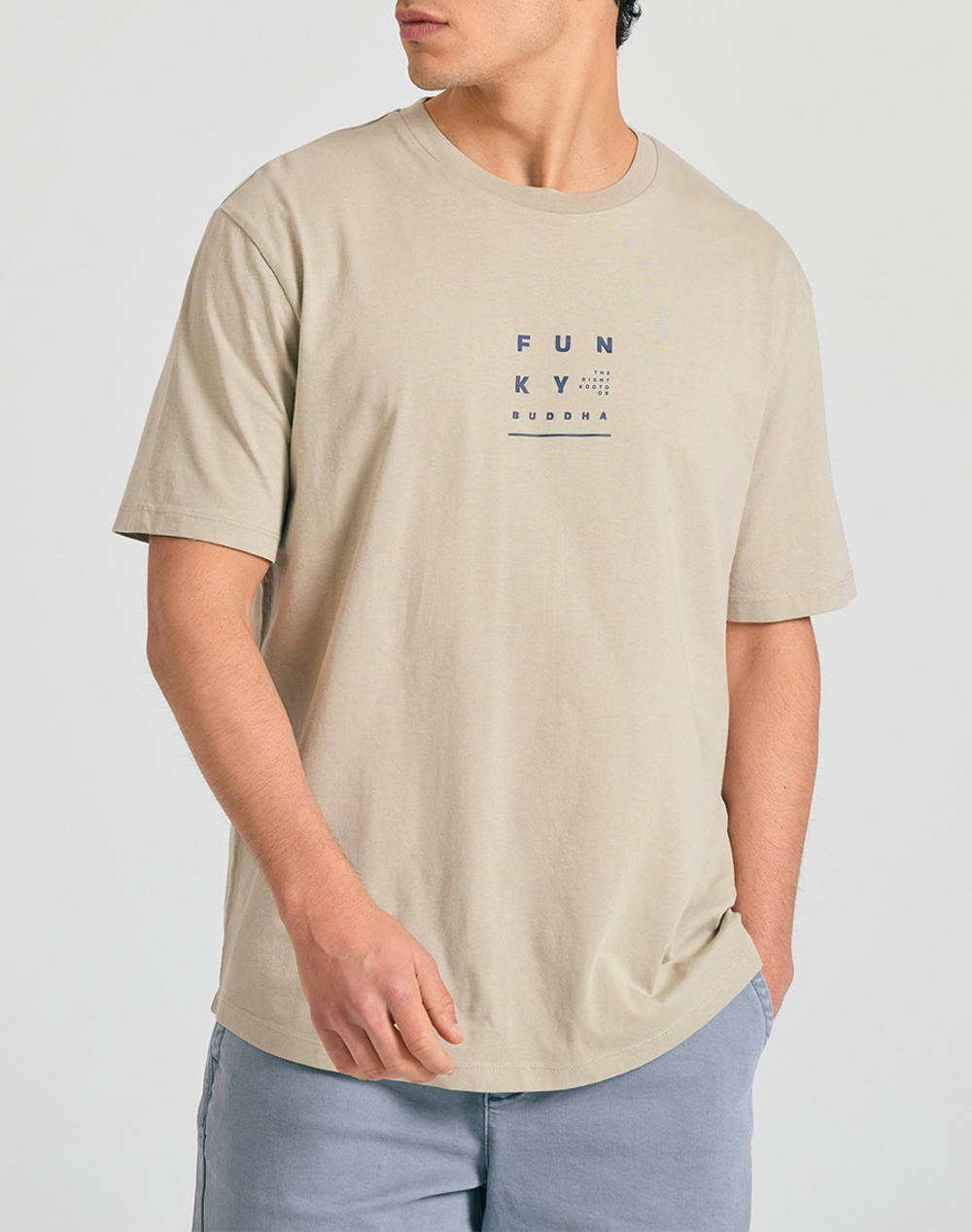 Funky Buddha Men''S Short Sleeve T Shirt With Print Men Clothes T Shirts & Sweatshirts T Shirts Biege Cotton Fbm011 043 04 Stone Male T-Shirts Biege