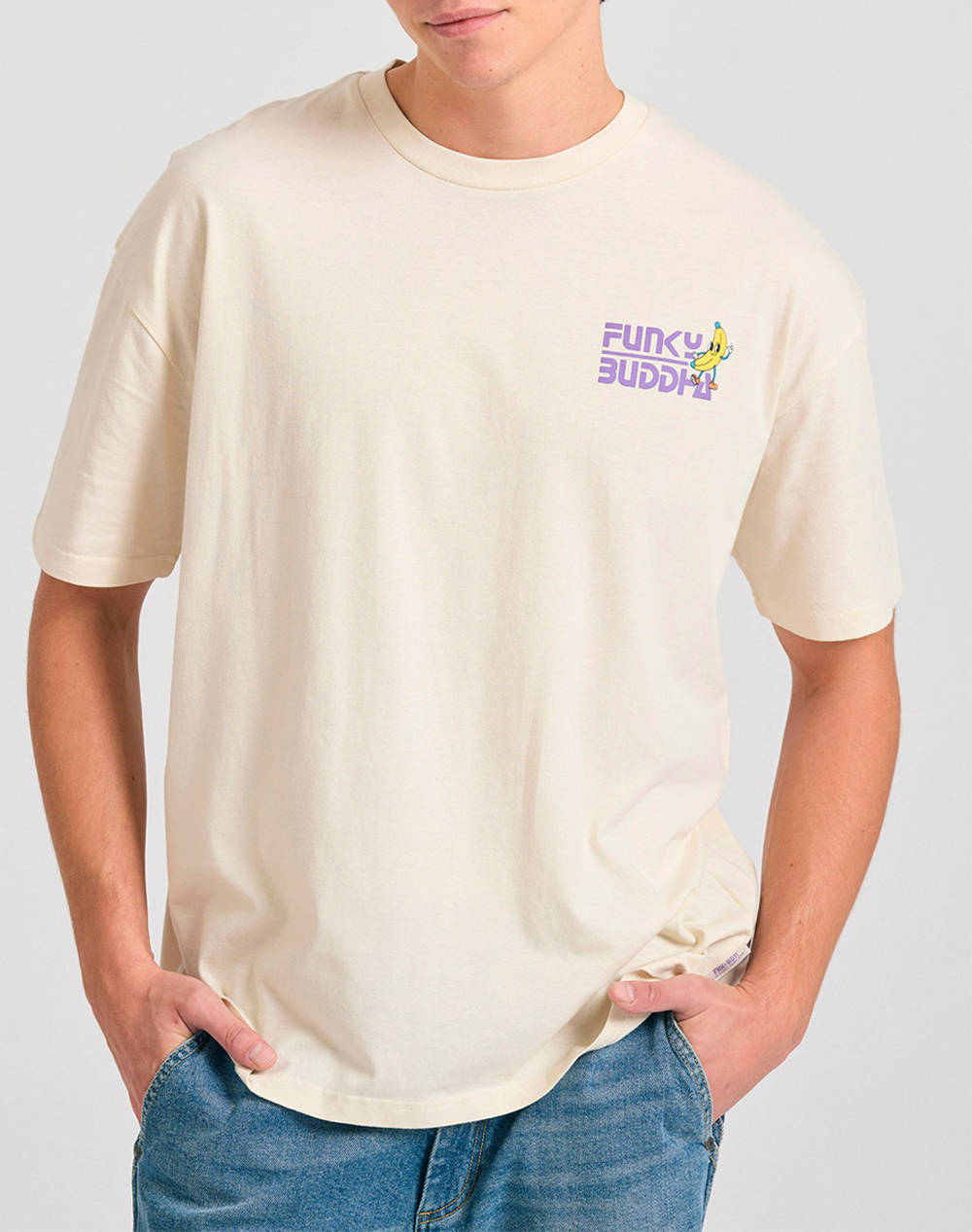 Funky Buddha Men''S Short Sleeve T Shirt With Print Men Clothes T Shirts & Sweatshirts T Shirts Ecru Cotton Fbm011 052 04 Chalk Male T-Shirts