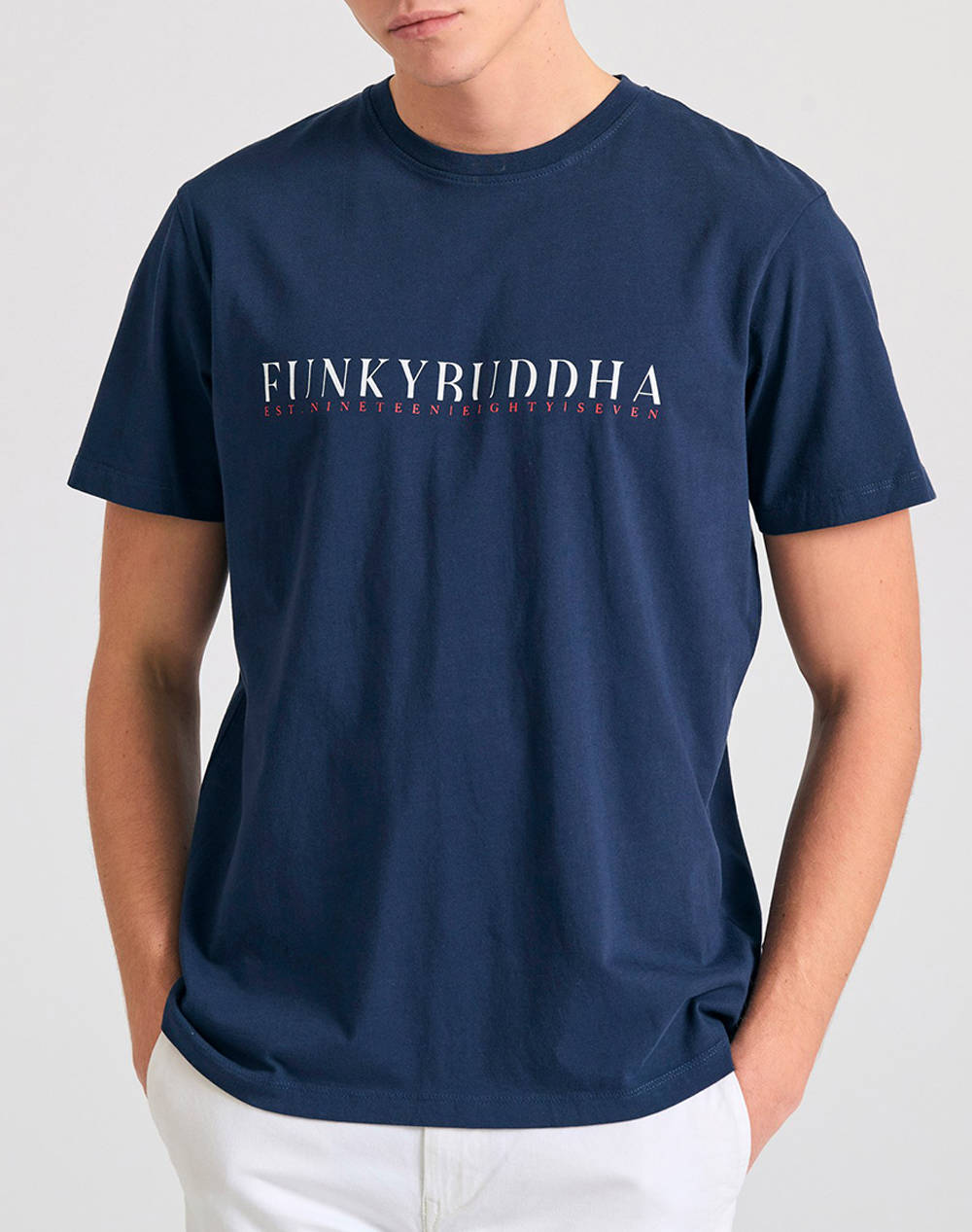 Funky Buddha Men''S Short T Shirt With Print Men Clothes T Shirts & Sweatshirts T Shirts Navyblue Cotton Fbm011 015 04 Navy Male T-Shirts Blue