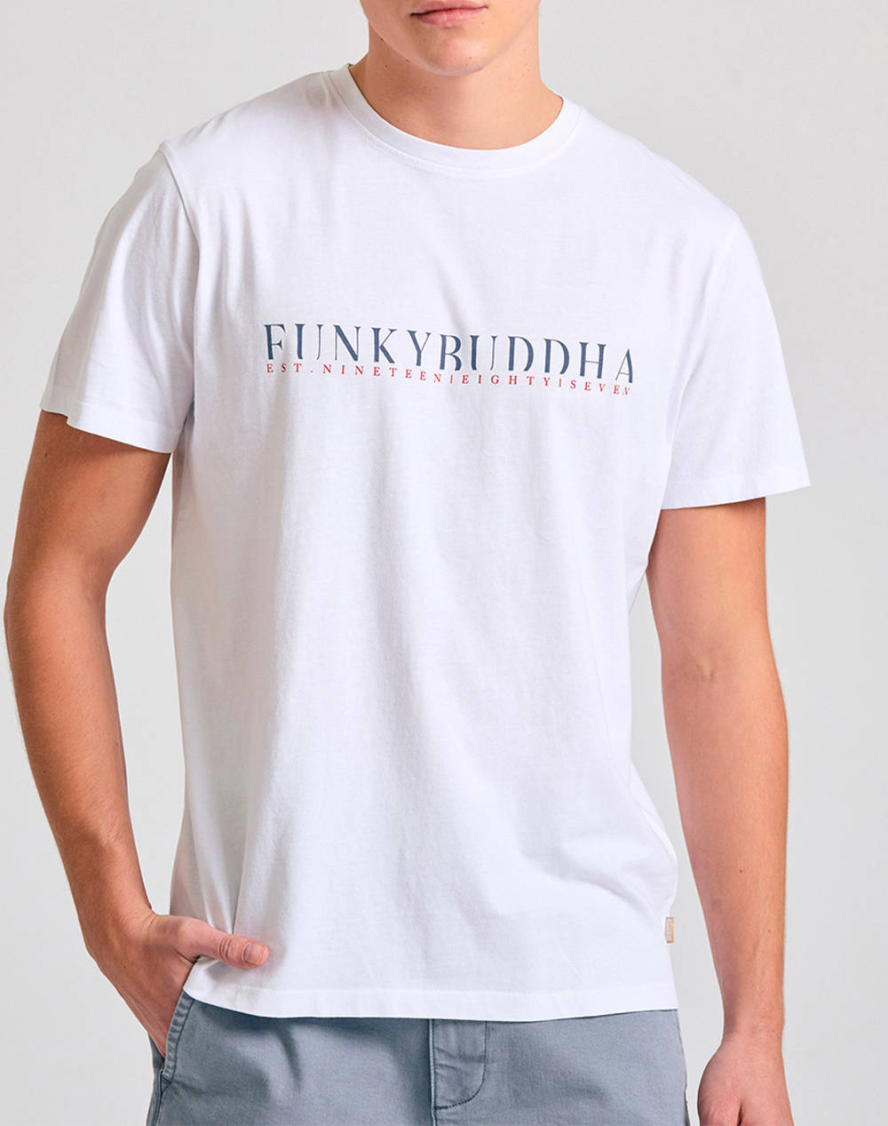Funky Buddha Men''S Short T Shirt With Print Men Clothes T Shirts & Sweatshirts T Shirts White Cotton Fbm011 015 04 White Male T-Shirts