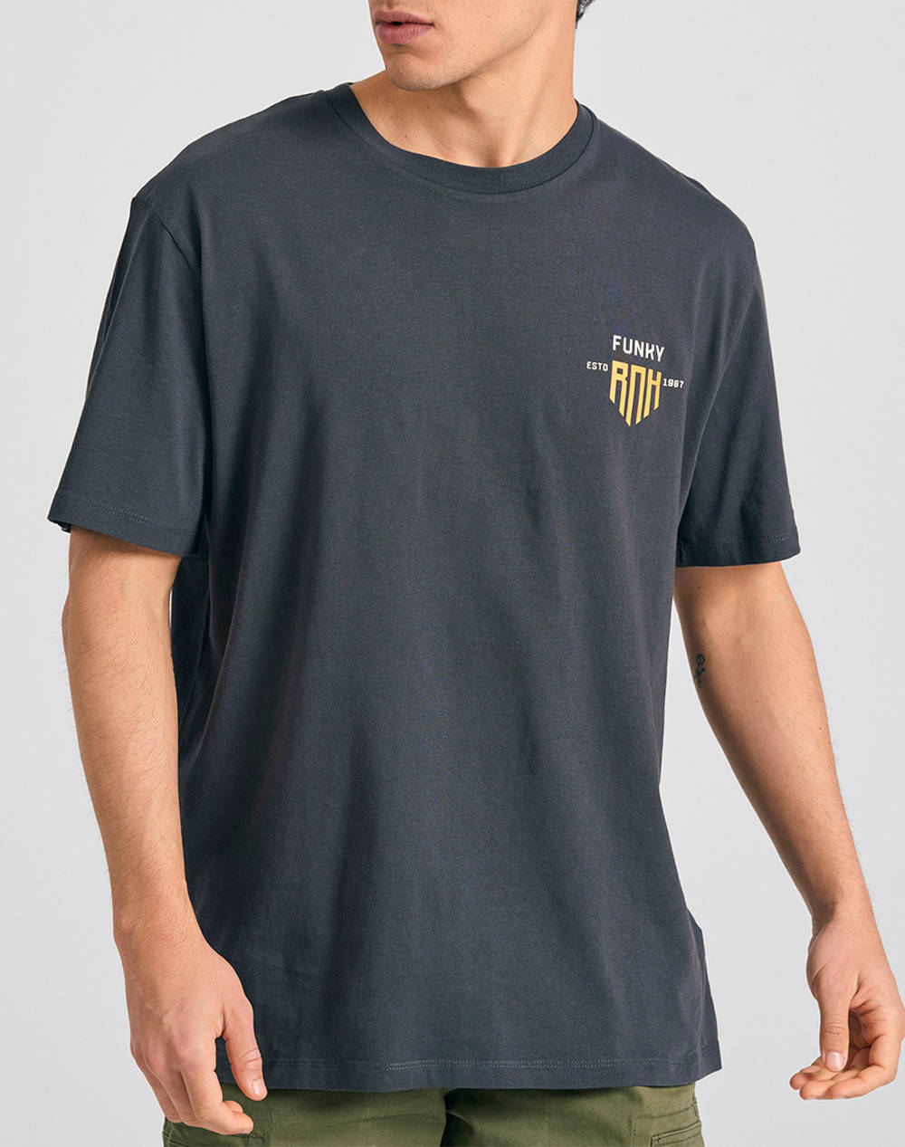 Funky Buddha Men''S Short Sleeve T Shirt With Print Men Clothes T Shirts & Sweatshirts T Shirts Darkslategrey Cotton Fbm011 038 04 Anthracite Male T-