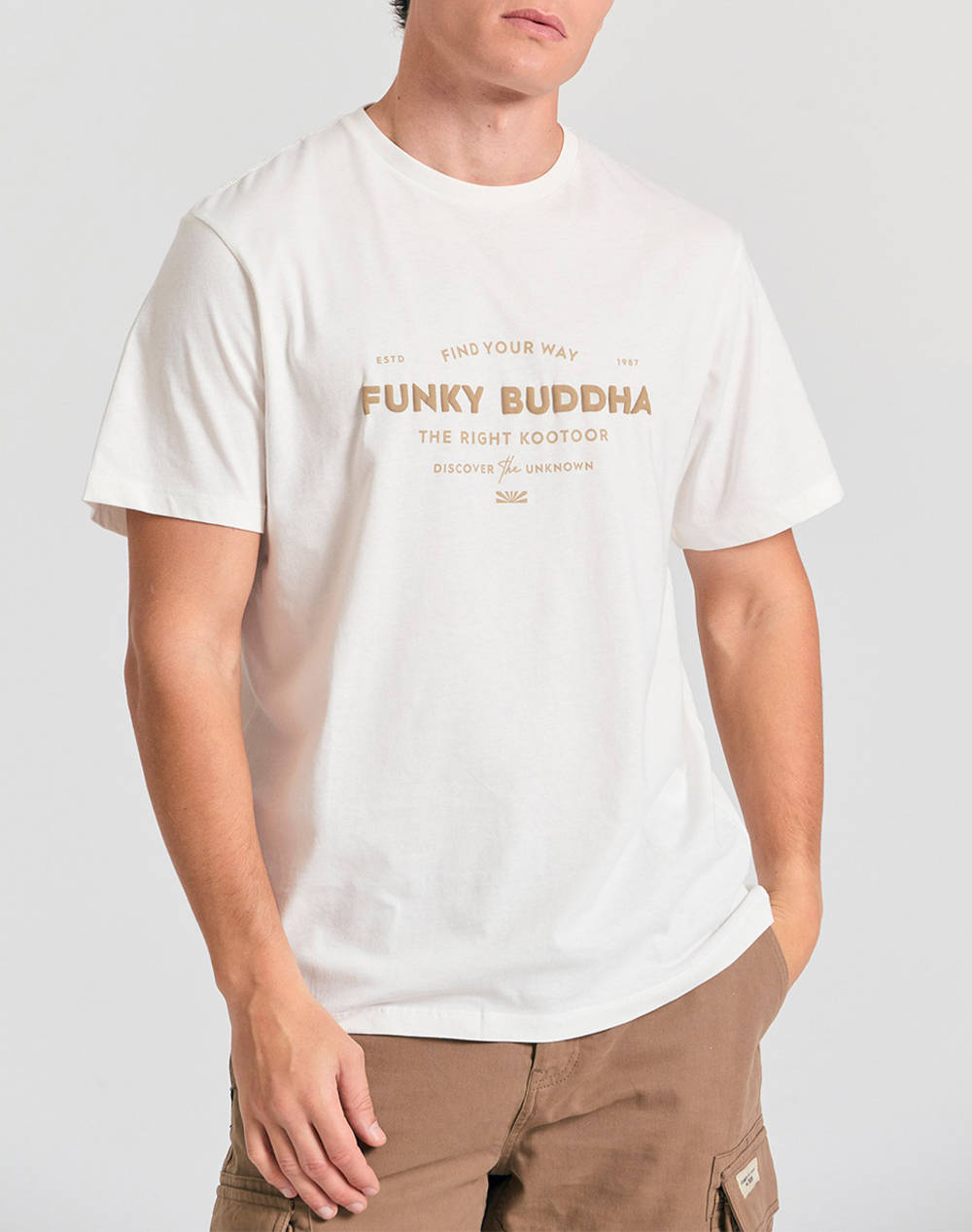 Funky Buddha Men''S Short Sleeve T Shirt With Print Men Clothes T Shirts & Sweatshirts T Shirts Offwhite Cotton Fbm011 027 04 Off White Male T-Shirts