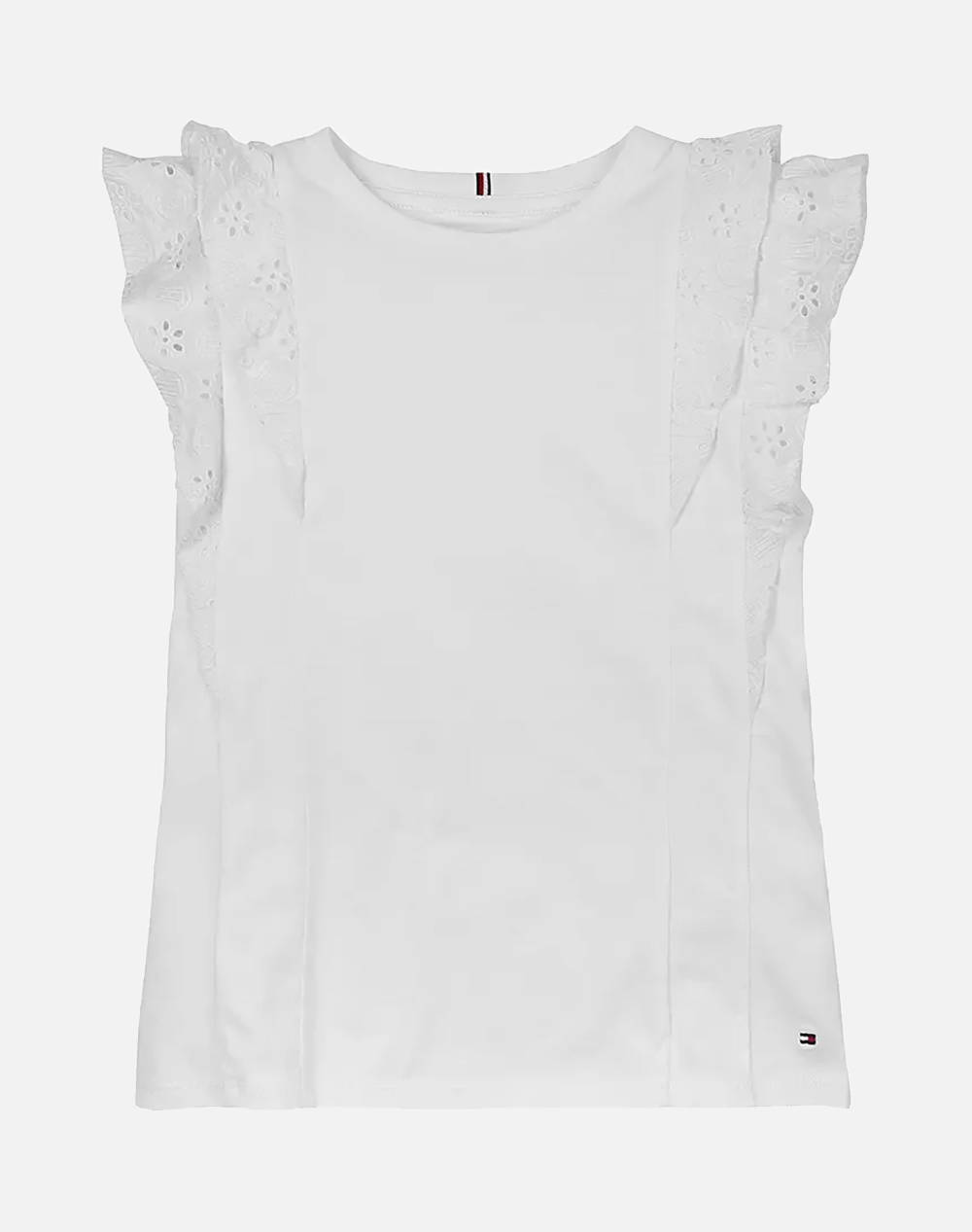 Tommy Hilfiger Broderie Anglaise Knit Top Ss Kids Girl Clothes Shirts White Cotton Kg0Kg08553 8Y 16Y Ybr Female Shirts