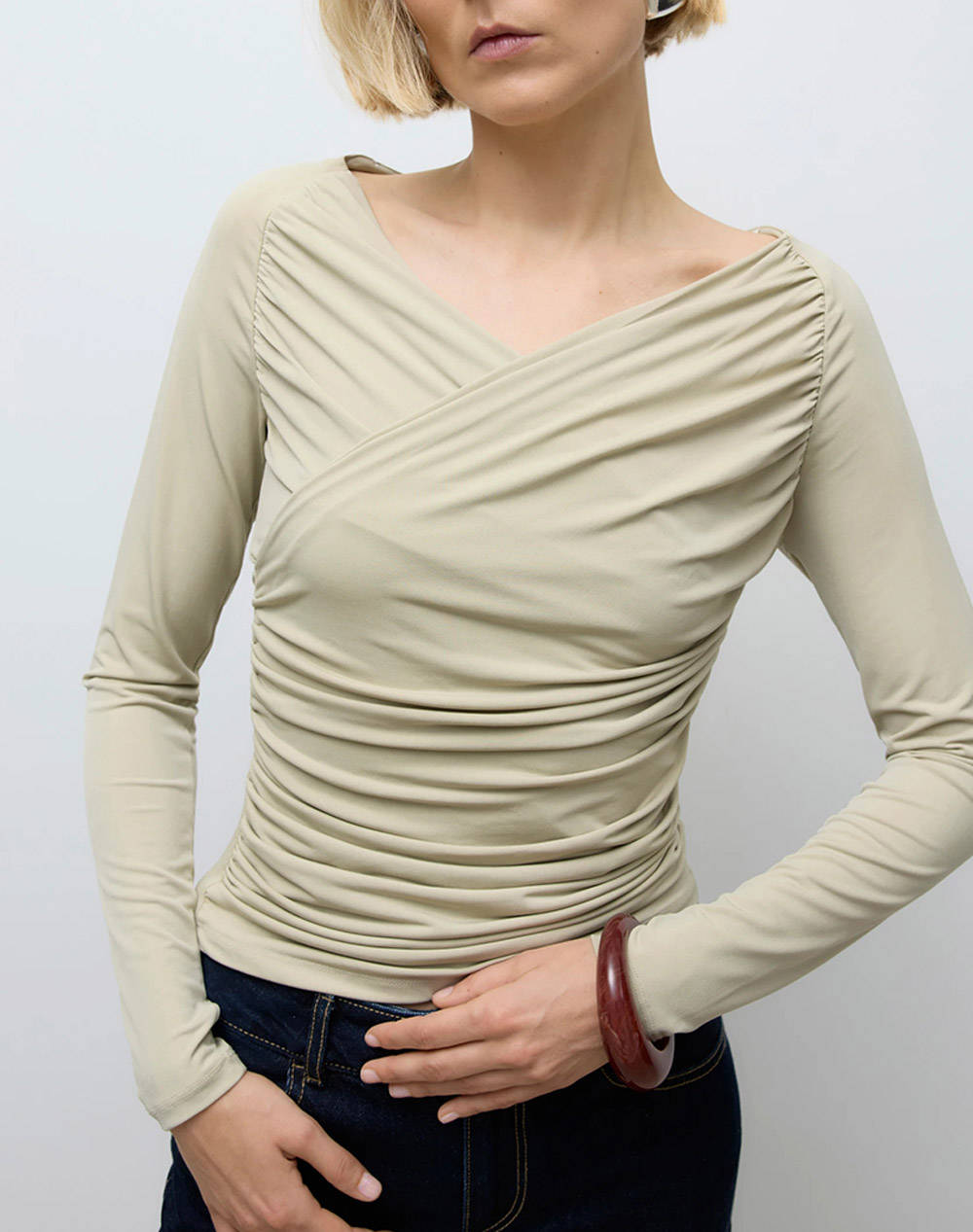 Aware By Vero Moda Awsophia Ls V Neck Wrap Top Γυναικα Ρουχα Μπλουζες Τοπ/Κορμακια Biege Μακο,Με Ελασταν,Συνθετικο 10331046 Moss Gray - Koolfly