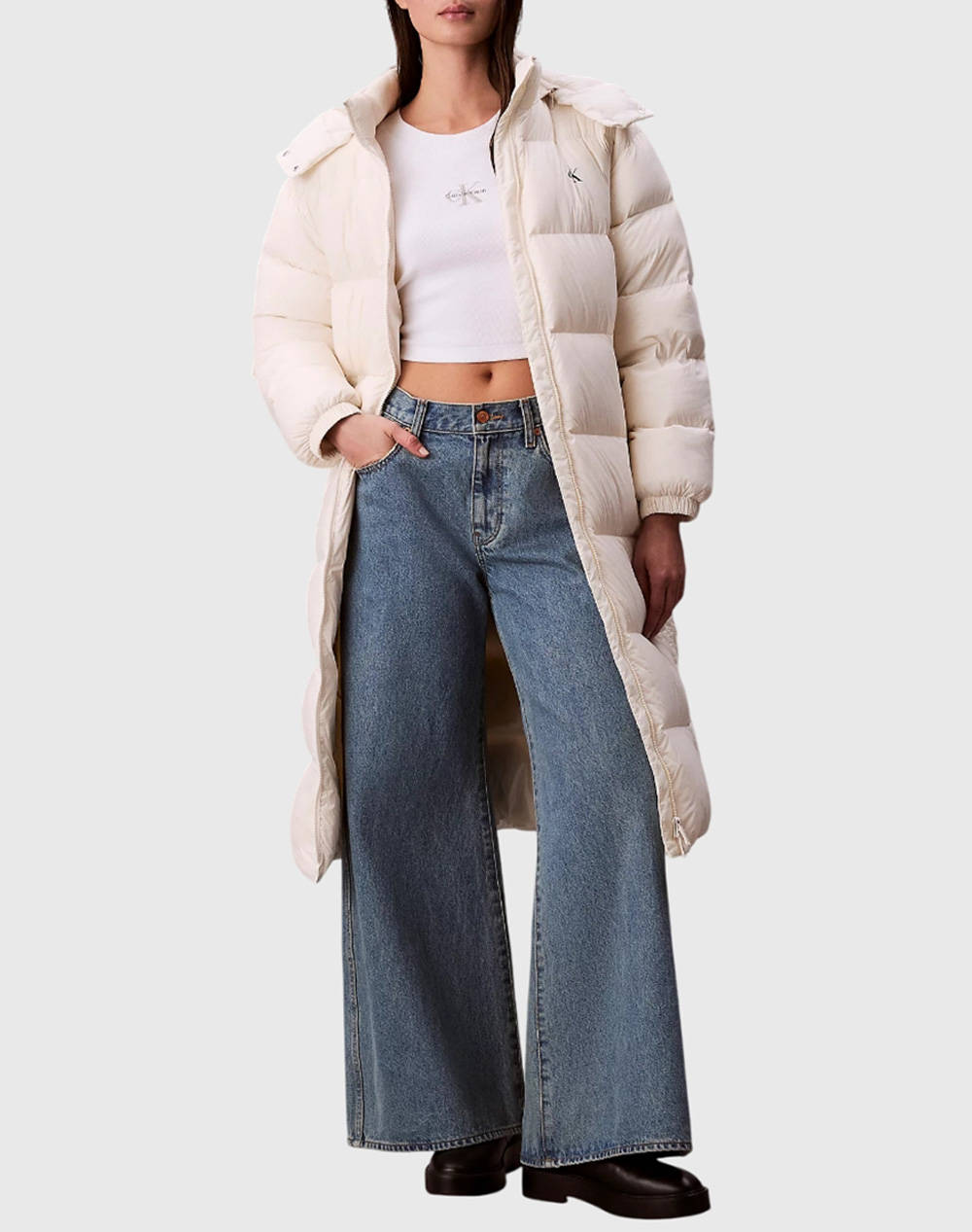 Calvin Klein Jeans Essential Midweight Long Puffer Women Clothes Outerwear Outerwear Jackets Ivory Synthetic Lv047D502G Vdv Female Jackets