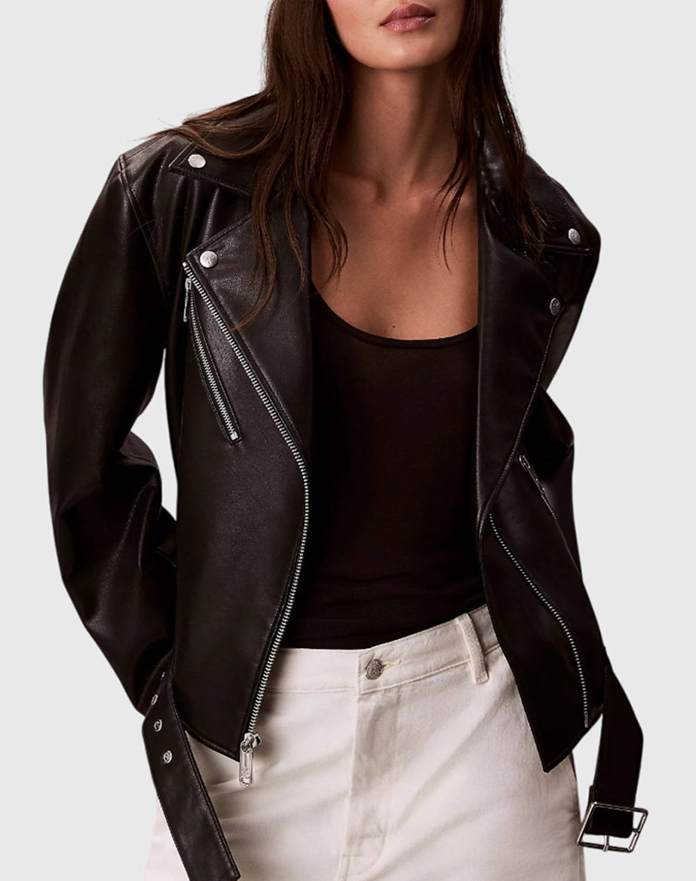 Calvin Klein Jeans Faux Leather Moto Jacket W/Belt Women Clothes Outerwear Outerwear Jackets Black Imitation Leather Lv044C532G Bae Female Jackets