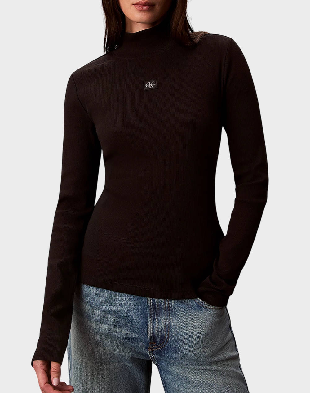 Calvin Klein Ls Woven Label Turtleneck Women Clothes Tops Knits Black Cotton,Elastic Lv047D203G Ub1 Female Knits Black