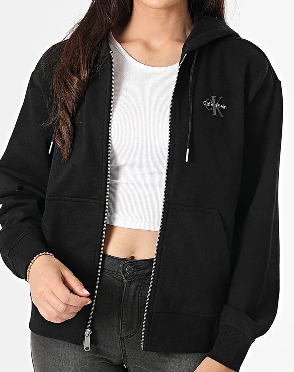 Calvin Klein Monologo French Terry Fz Bf Hood Women Clothes Tops Sweatshirts Black Cotton,Elastic,Synthetic Lv047B270G Ub1 Female Sweatshirts Black