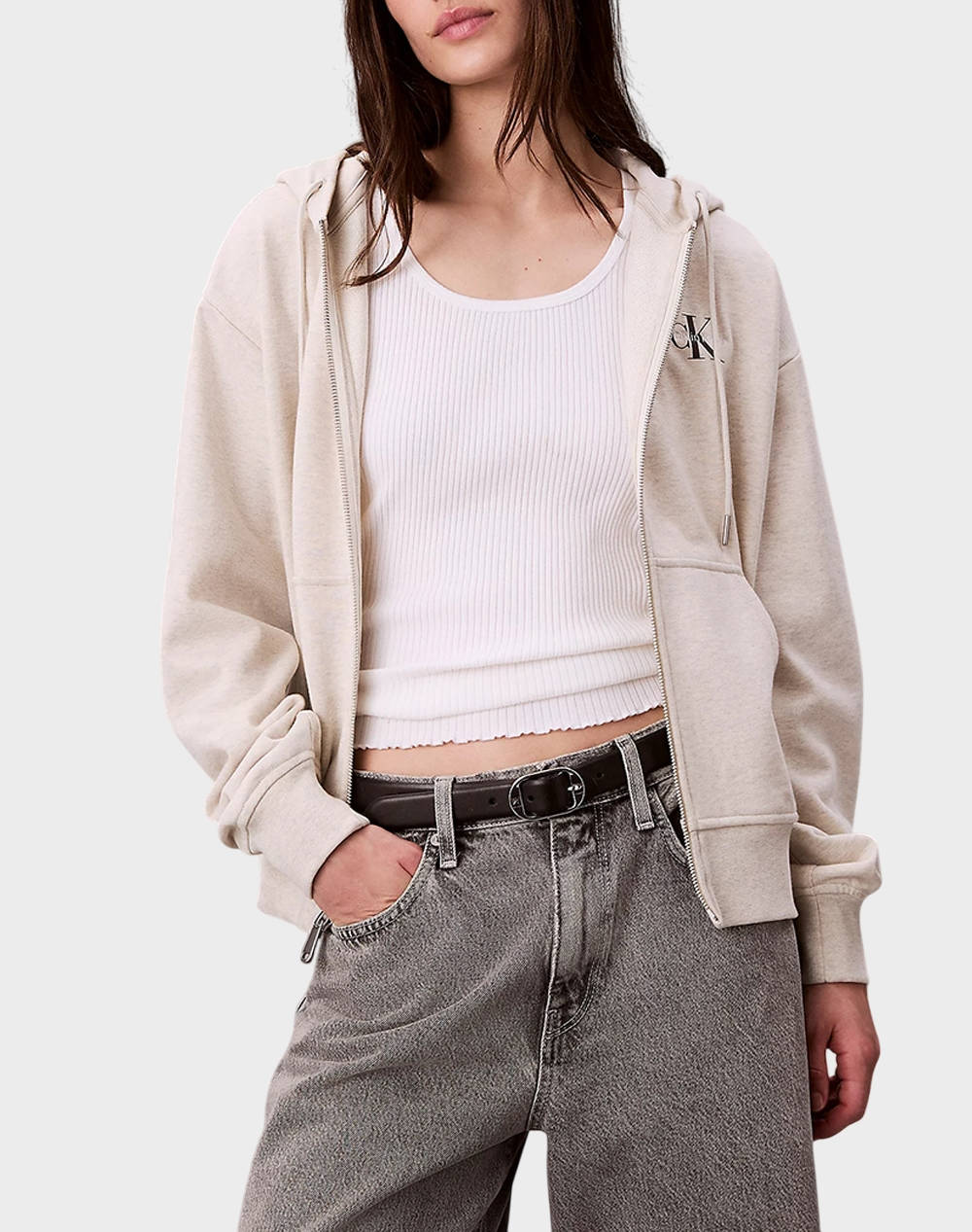 Calvin Klein Monologo French Terry Fz Bf Hood Women Clothes Tops Sweatshirts Cream Cotton,Elastic,Synthetic Lv047B270G P4P Female Sweatshirts