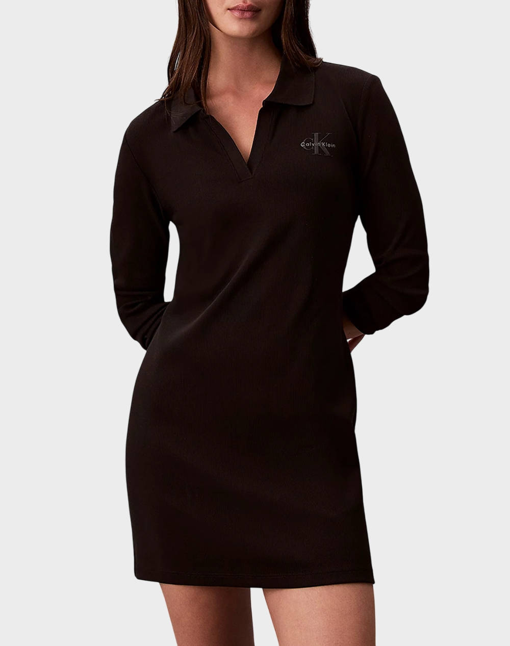 Calvin Klein Jeans Ls Monologo Rib Polo Mini Dress Women Clothes Dresses Black Cotton,Elastic Lv047D214G Ub1 Female Dresses Black