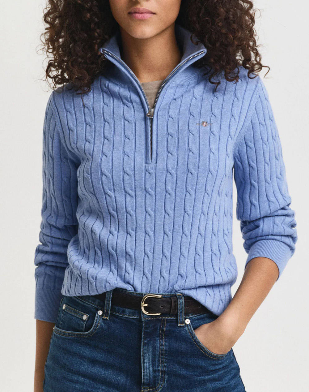 Gant Ls Stretch Cotton Cable Half Zip Sweater Women Clothes Tops Knits Lightblue Cotton,Elastic,Synthetic 3Gw4805418 427 Female Knits Blue