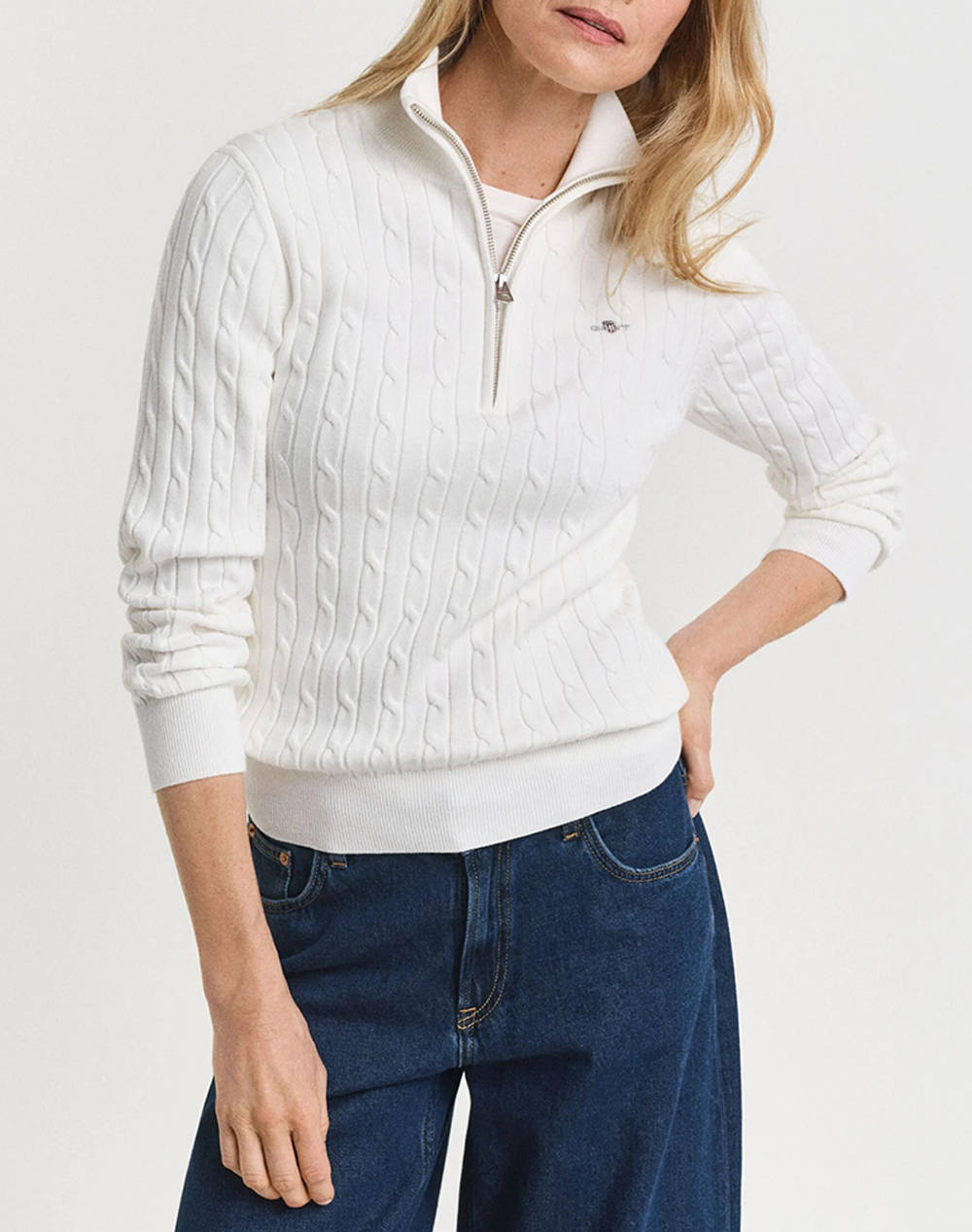 Gant Ls Stretch Cotton Cable Half Zip Sweater Women Clothes Tops Knits Offwhite Cotton,Elastic,Synthetic 3Gw4805418 113 Female Knits