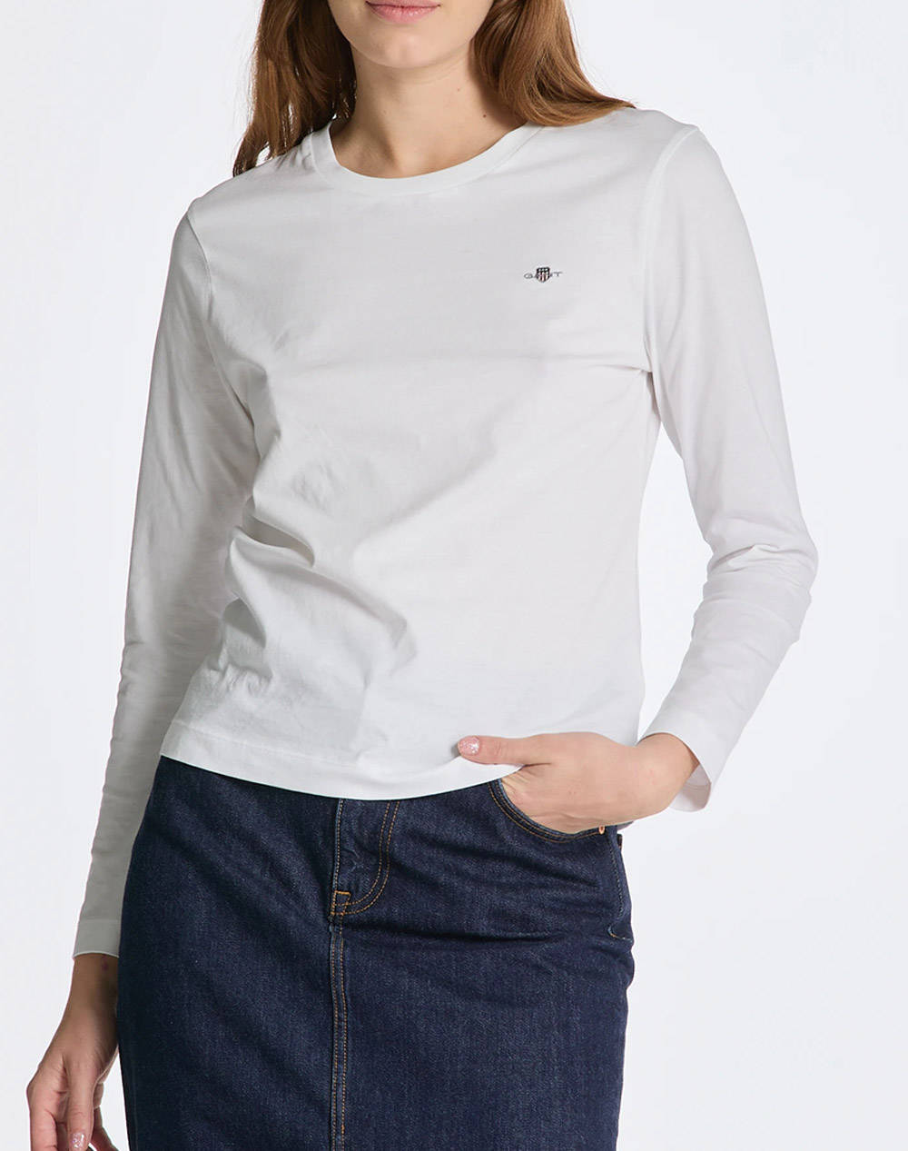 Gant Reg Shield Ls T Shirt Women Clothes Tops T Shirts White Cotton 3Gw4200748 110 Female T-Shirts