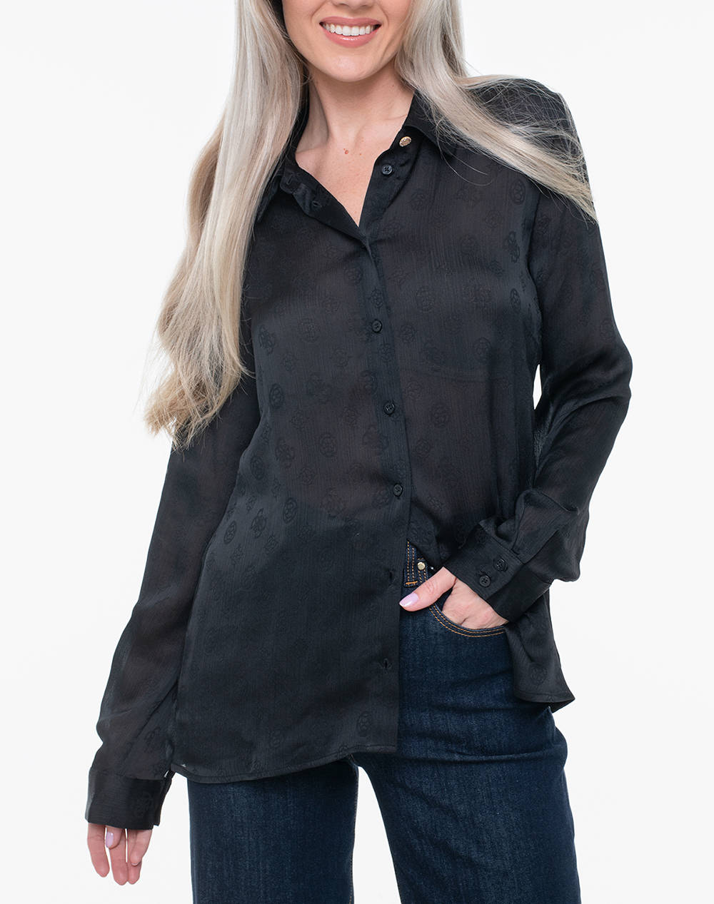 Guess Ls Marthe Logo Shirt Women Women Clothes Shirts Black Synthetic W5Yh1Awhcr2 Jblk Female Shirts Black