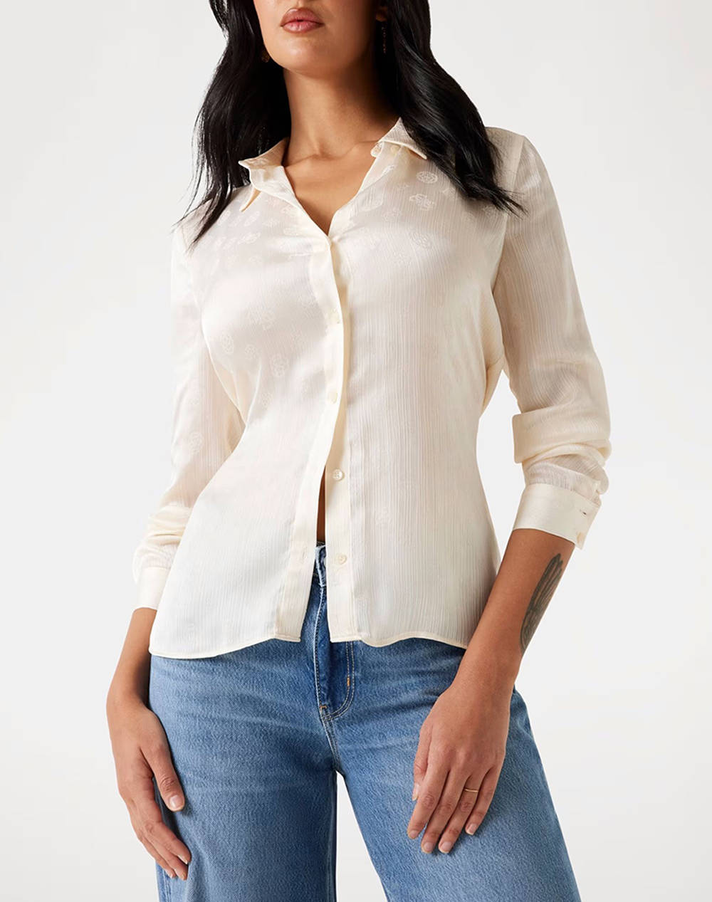 Guess Ls Marthe Logo Shirt Women Women Clothes Shirts Cream Synthetic W5Yh1Awhcr2 G1F7 Female Shirts