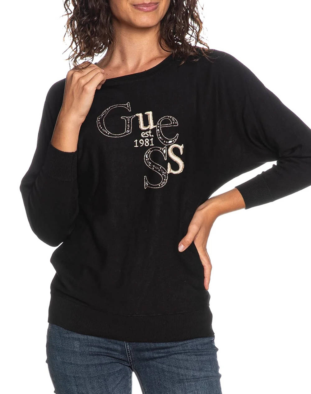 Guess Bat Sleeve Kassidy Logo Swtr Knit Women Women Clothes Tops Knits Black Viscose,Elastic,Synthetic W5Yr22Z2Nq2 Jblk Female Knits Black