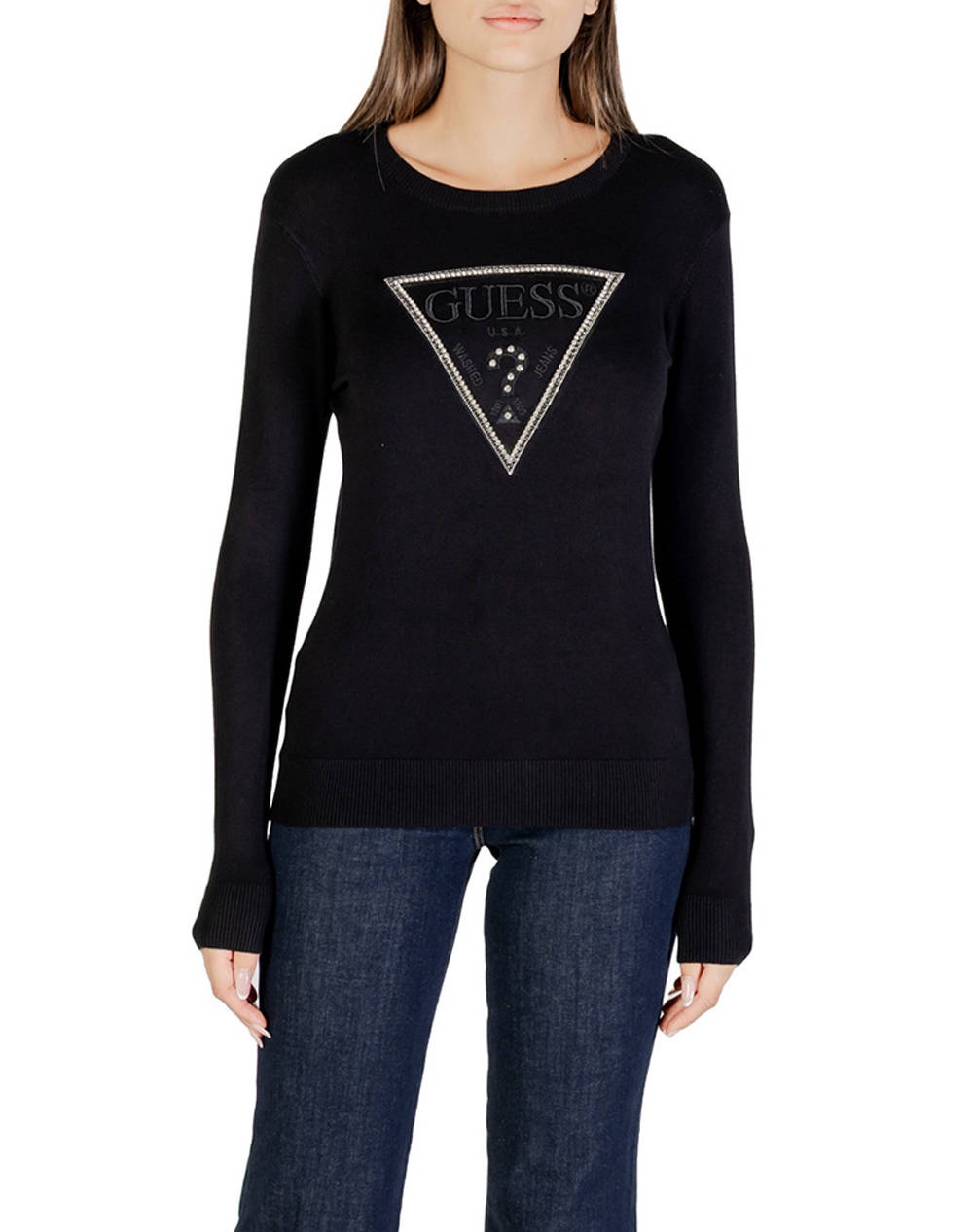 Guess Ls Cn Kiara Triangle Logo Swtr Knit Women Women Clothes Tops Knits Black Viscose,Elastic,Synthetic W5Yr23Z2Nq2 Jblk Female Knits Black