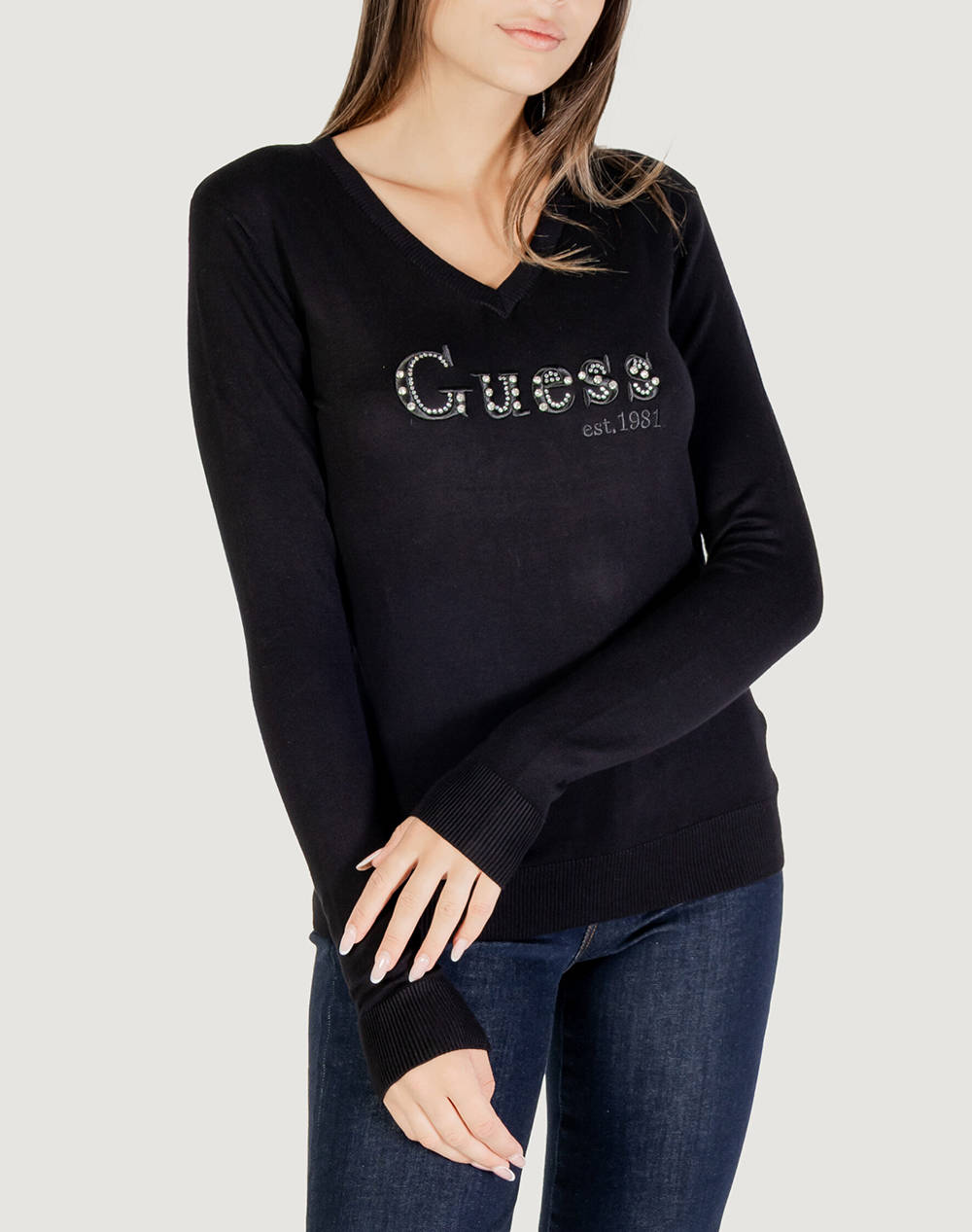 Guess Ls Vn Kenzie Logo Swtr Knit Women Women Clothes Tops Knits Black Viscose,Elastic,Synthetic W5Yr24Z2Nq2 Jblk Female Knits Black