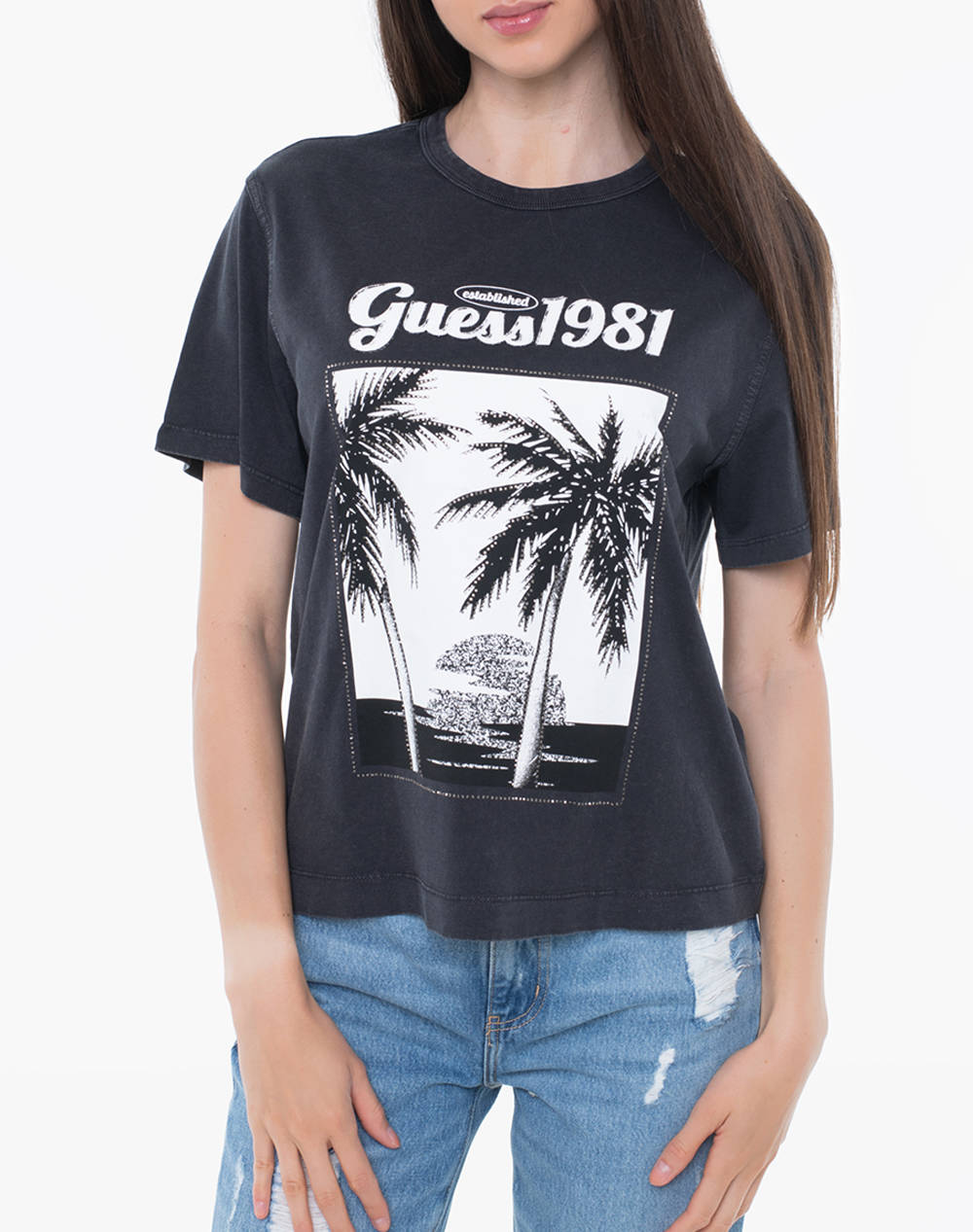 Guess Ss Palm Print Washed Tee Women''S T Shirt Women Clothes Tops T Shirts Darkslategrey Cotton W5Yi17I3Z14 F9P6 Female T-Shirts