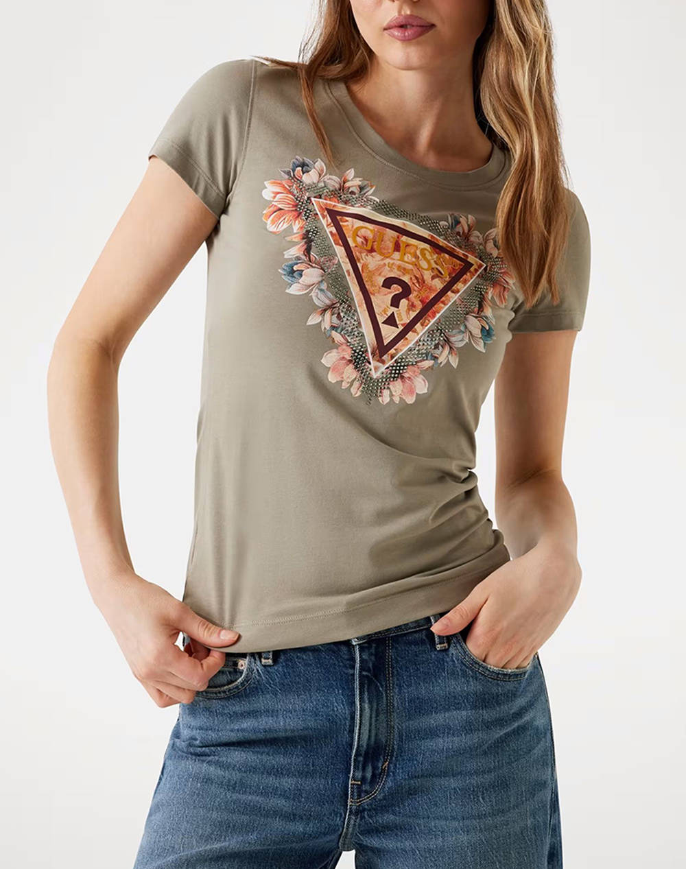 Guess Ss Triangle Flowers Tee Women''S T Shirt Women Clothes Tops T Shirts Olive Cotton,Elastic W5Yi08J1314 G8Cj Female T-Shirts