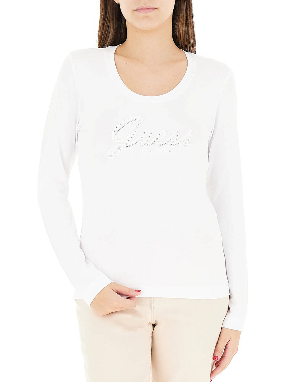 Guess Cn Ls Embro Script Logo Tee Women''S T Shirt Women Clothes Tops T Shirts White Cotton W5Yi26J1314 G011 Female T-Shirts