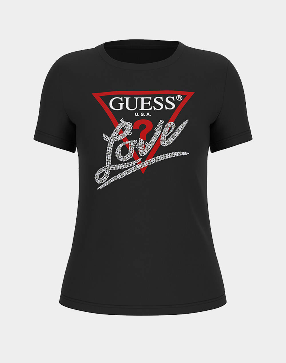 Guess Ss Cn Pearls Love Triangle Tee Women''S T Shirt Women Clothes Tops T Shirts Black Cotton,Velvet,Elastic W5Yi40I3Z14 Jblk Female T-Shirts Black