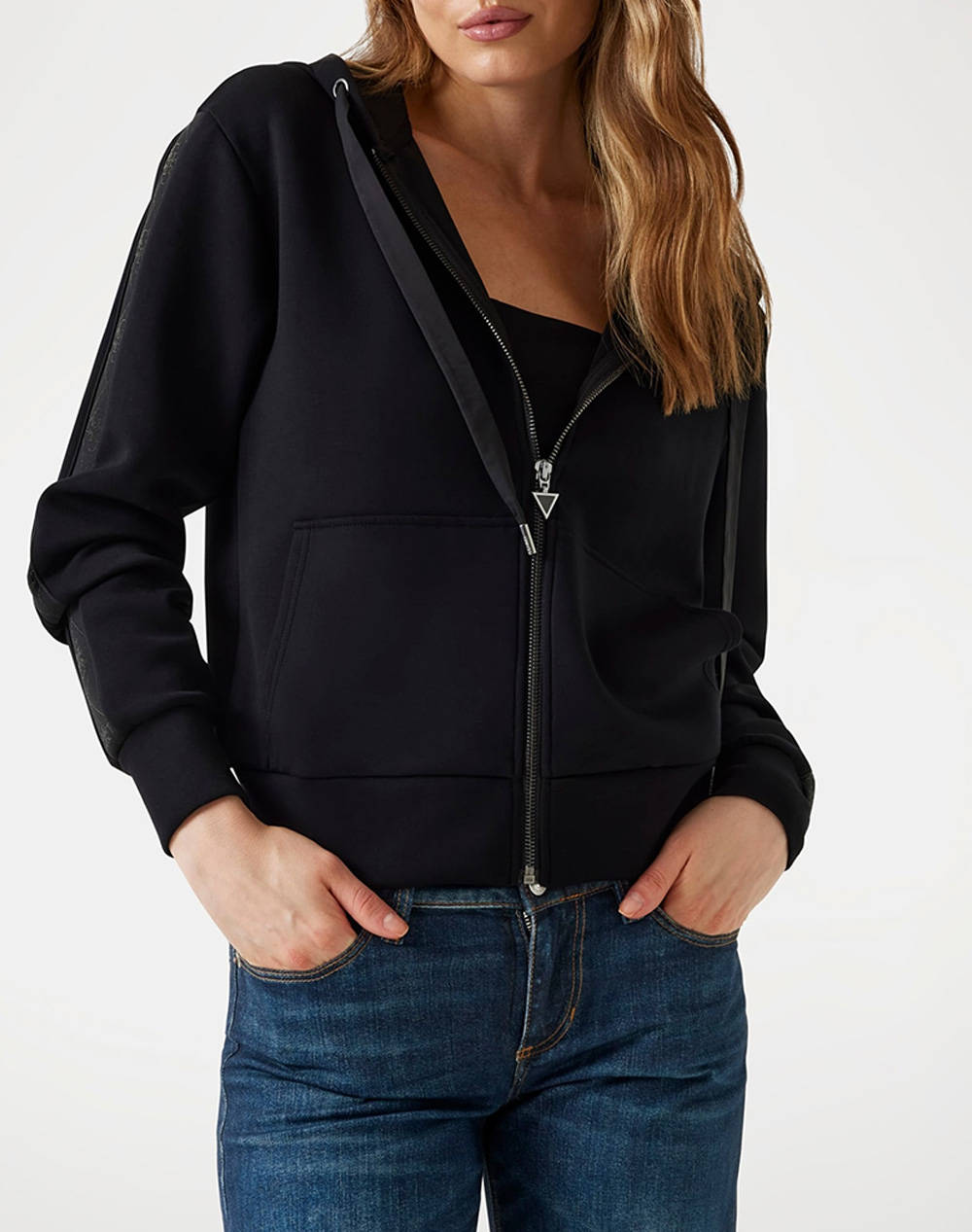Guess New Hooded Scuba Sweatshirt Women Women Clothes Tops Sweatshirts Black Viscose,Elastic,Synthetic W5Yq05Kbye2 Jblk Female Sweatshirts Black