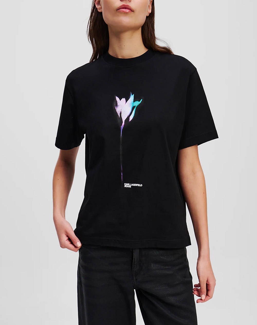 Karl Lagerfeld Jeans Klj Reg Flower Colour Tee Women Clothes Tops T Shirts Black Cotton A3W17041 999 Female T-Shirts Black