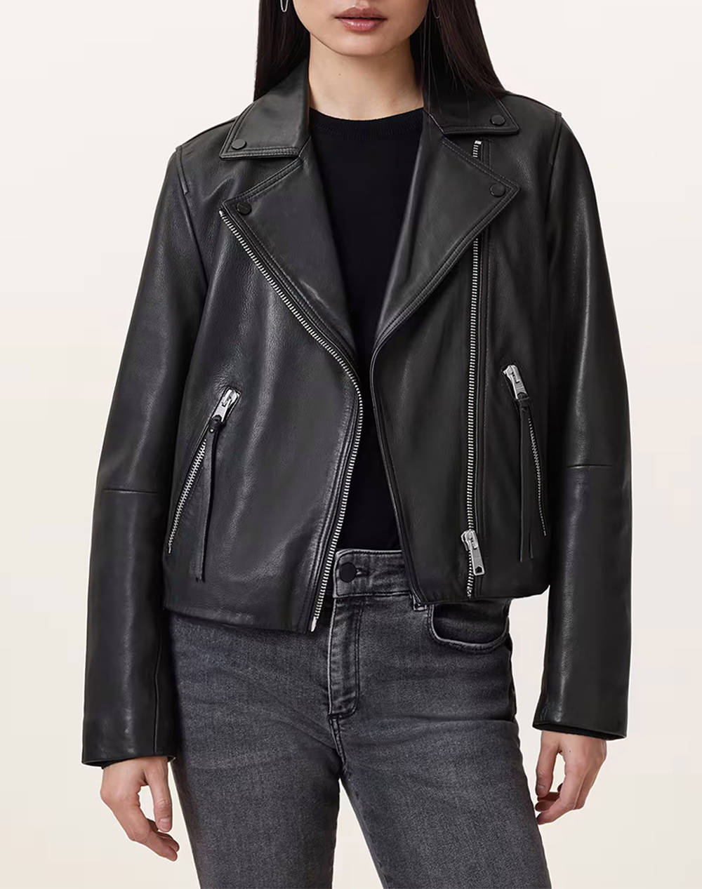 All Saints Dalby Biker Women Clothes Outerwear Outerwear Jackets Black Leather W086Lb Black Female Jackets Black