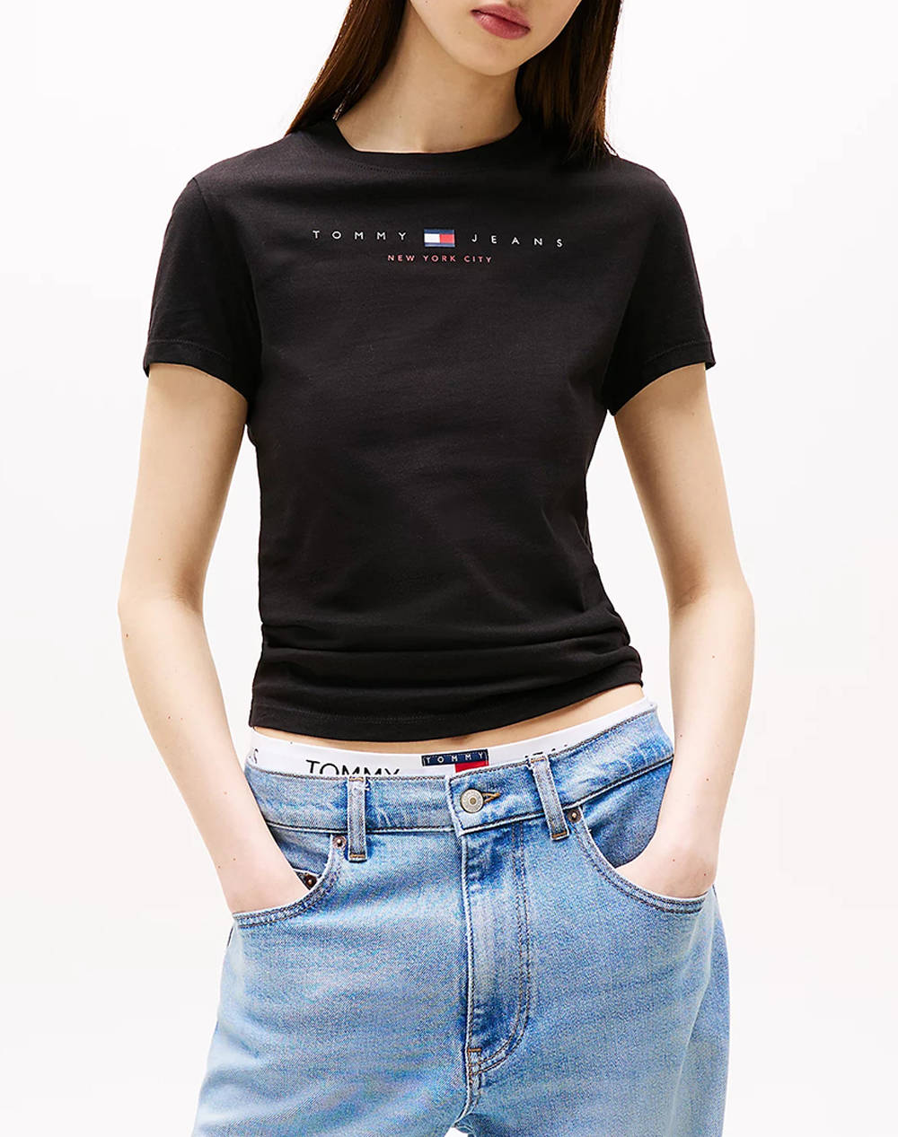 Tommy Jeans Tjw Slim Tj Us Linear Ss Tee Women Clothes Tops T Shirts Black Cotton Dw0Dw21422 Bds Female T-Shirts Black